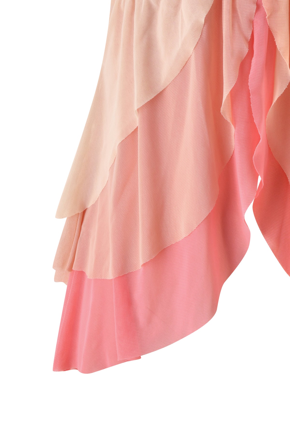 A close-up of layered, ruffled fabric in blush pink and coral pink shades, with a soft, flowing texture—capturing the playful elegance of the IDALIA TOP - RASPBERRY MULTI by I.AM.GIA, featuring its signature multi-colour ruffles.