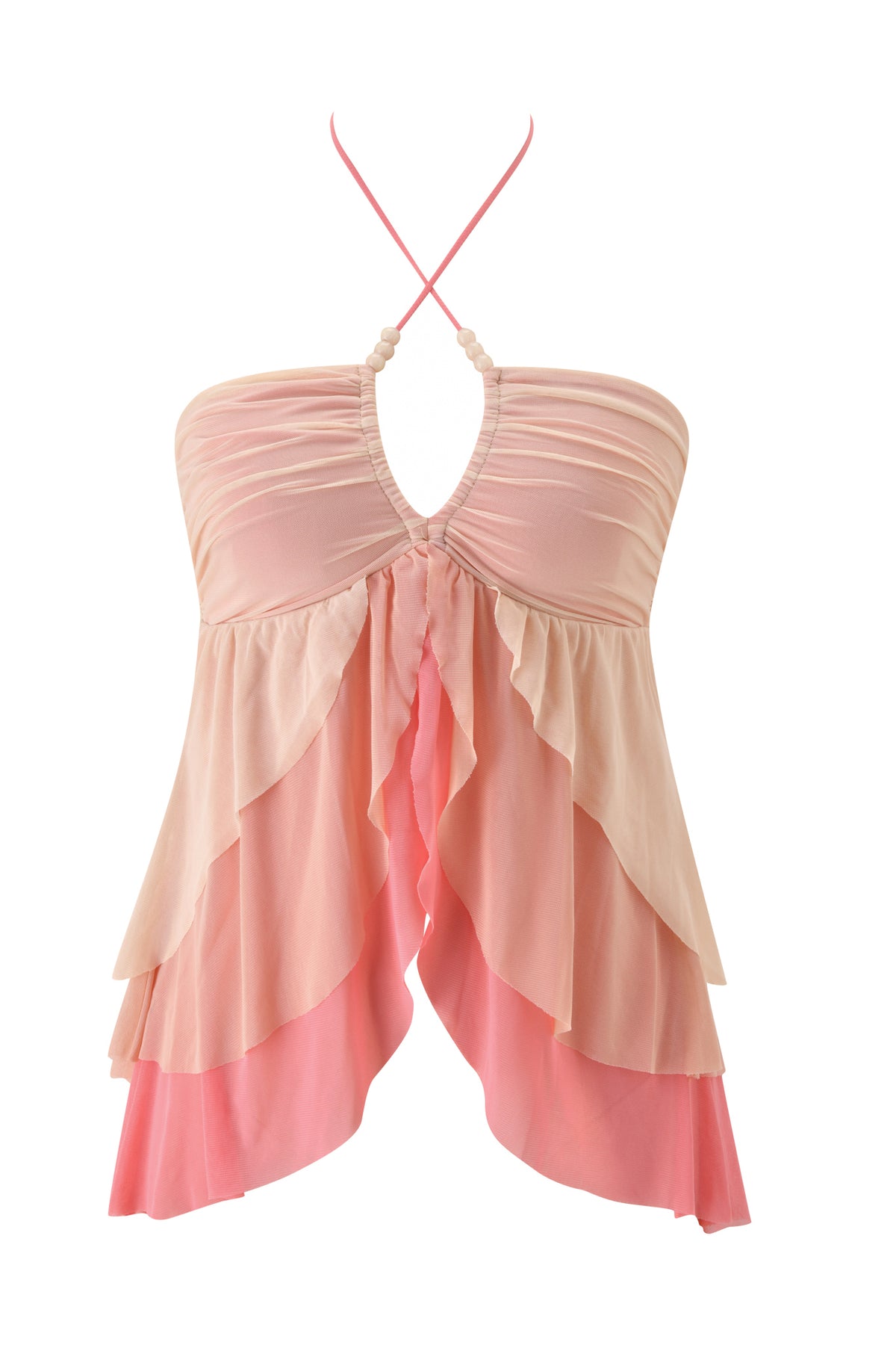 The IDALIA TOP - RASPBERRY MULTI by I.AM.GIA is a vibrant halter top with ruched fabric, layered multicolour ruffles, a deep V neckline, and delicate spaghetti straps—ideal for adding playful flair to any garden party look.