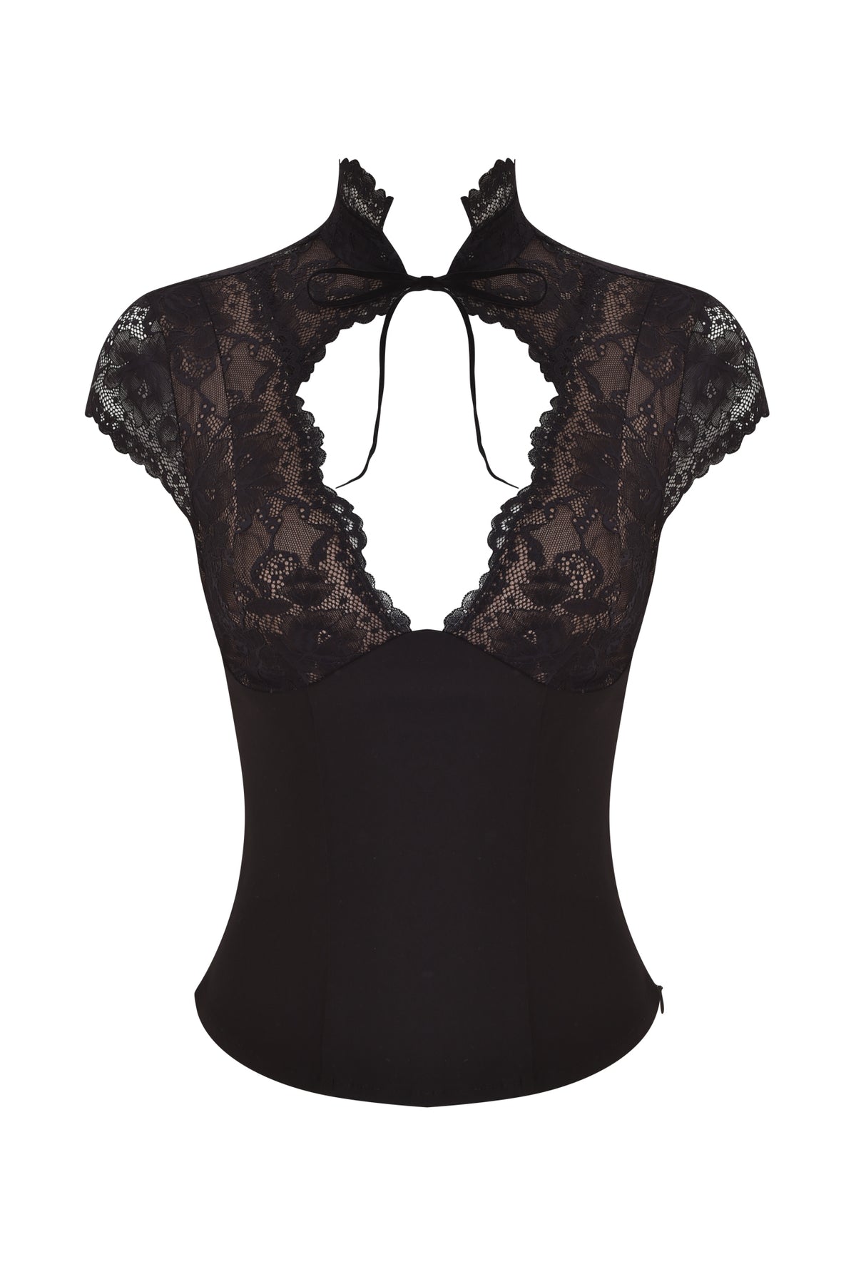 The ANISTON CORSET - BLACK by I.AM.GIA features a high neck collar and cap sleeves, with a keyhole cutout at the chest. Sheer floral lace elegantly covers the shoulders and bust, while the fitted bodice is crafted from solid black fabric.