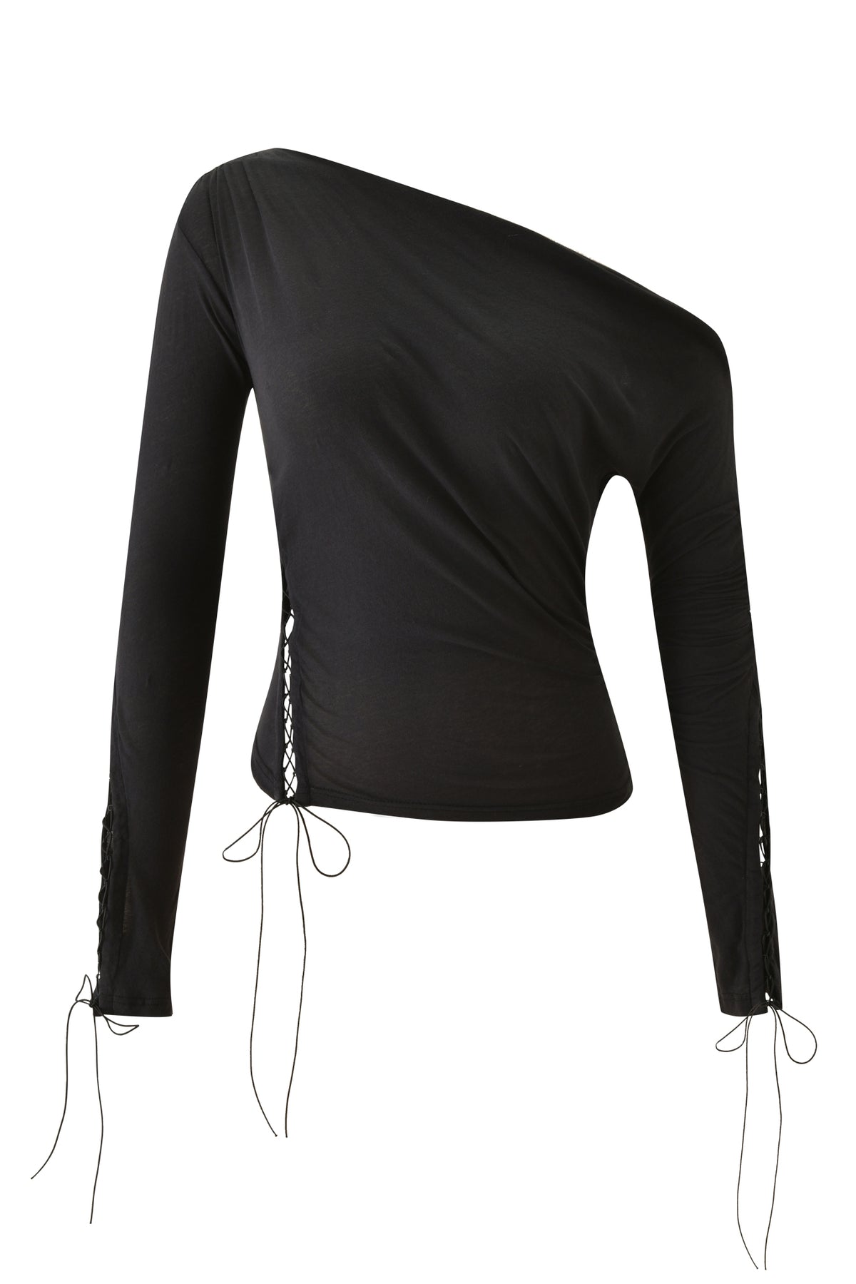 Introducing the PRIS TOP - BLACK by I.AM.GIA: a black, long-sleeve, asymmetrical top featuring lace-up details along the sides and sleeve cuffs. The fitted design is crafted from slightly sheer fabric and finished with decorative ties that drape elegantly.