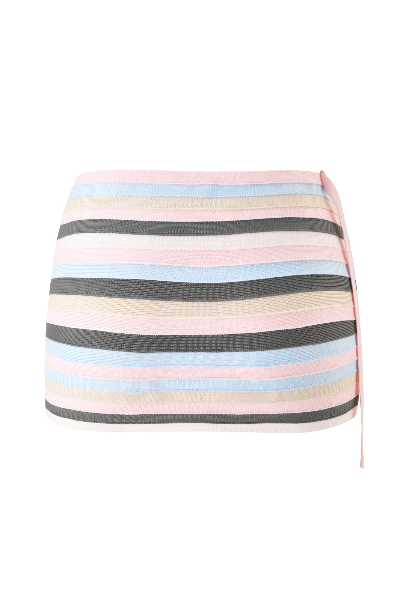 The NYNA BANDAGE MINI SKIRT - BABY PINK by I.AM.GIA is a short, fitted bodycon mini skirt with horizontal pastel stripes in pink, blue, white, and gray, finished with a side zipper closure.