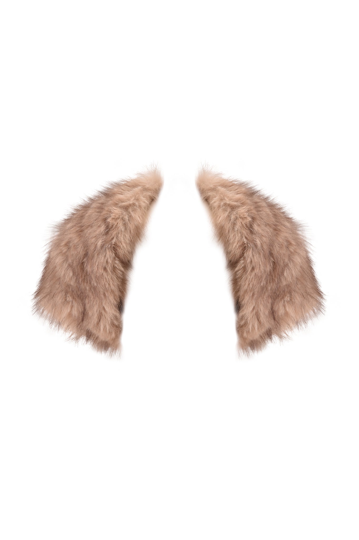 A pair of fluffy, light brown faux fur costume ears set against a white background—perfect for statement layering with your favorite I.AM.GIA ALBA FAUX FUR CAP SLEEVE BOLERO in taupe.
