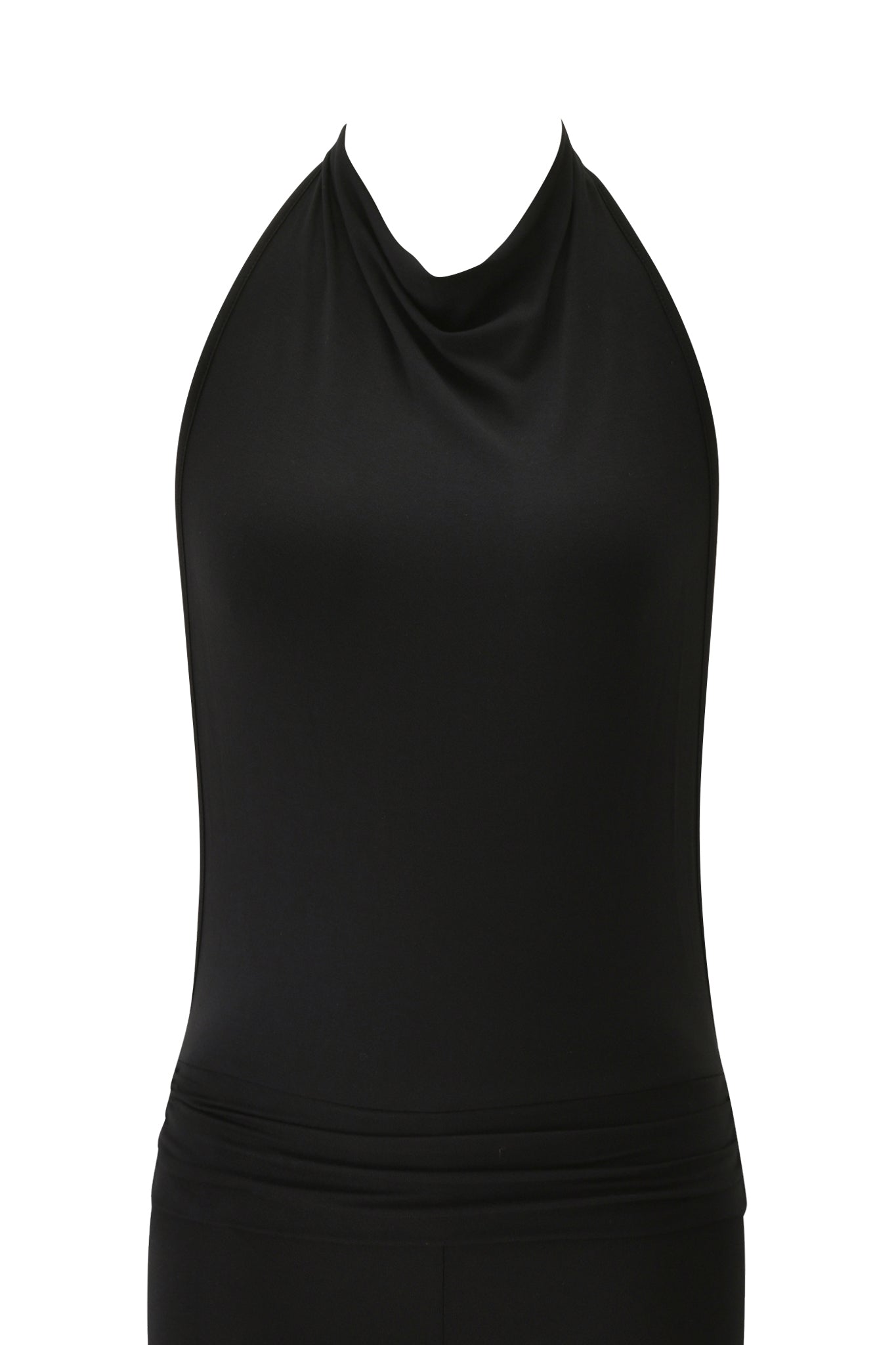 The KAIRA JUMPSUIT - BLACK by I.AM.GIA features a sleeveless halter design with a cowl neckline, fitted waist, and smooth fabric, showcased on a white background.