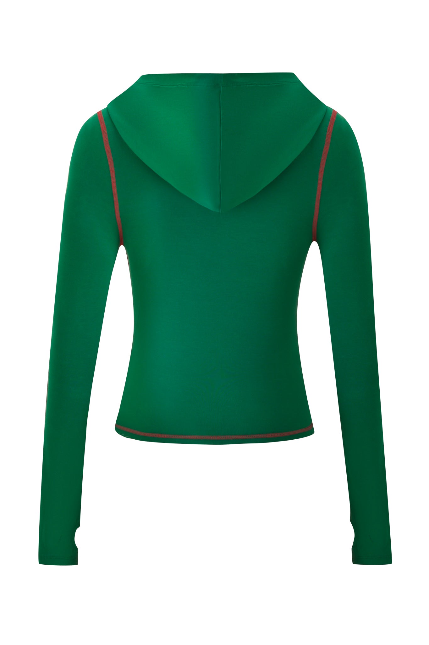 The I.AM.GIA BLARE SPORT HOODIE AND HEADBAND in green features a cropped hem and subtle red stitching along the shoulders and bottom edge, crafted from buttery-soft fabric and shown from the back on a plain white background.