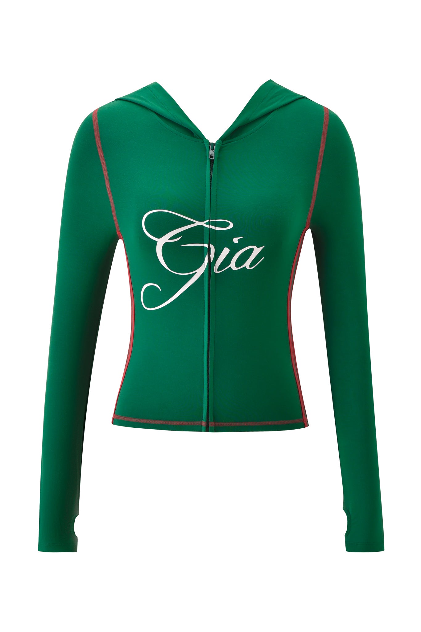 The BLARE SPORT HOODIE AND HEADBAND - GREEN by I.AM.GIA features red piping, a fitted waist, thumb holes, and "Gia" in bold white script on buttery-soft fabric—perfectly paired with the matching sport headband.