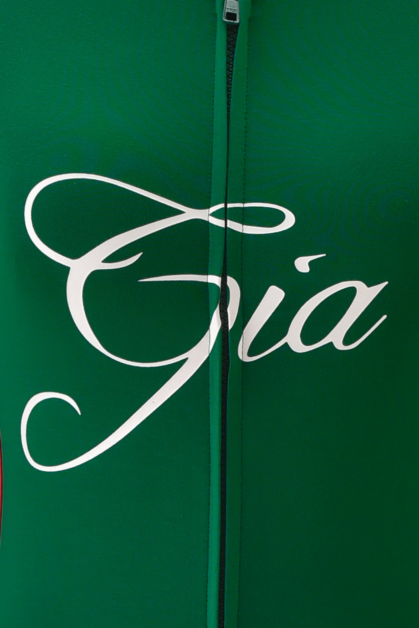 The BLARE SPORT HOODIE AND HEADBAND in green by I.AM.GIA features buttery-soft fabric and "Gia" in bold white script across the chest, partially intersected by a zipper for a sporty, stylish look.
