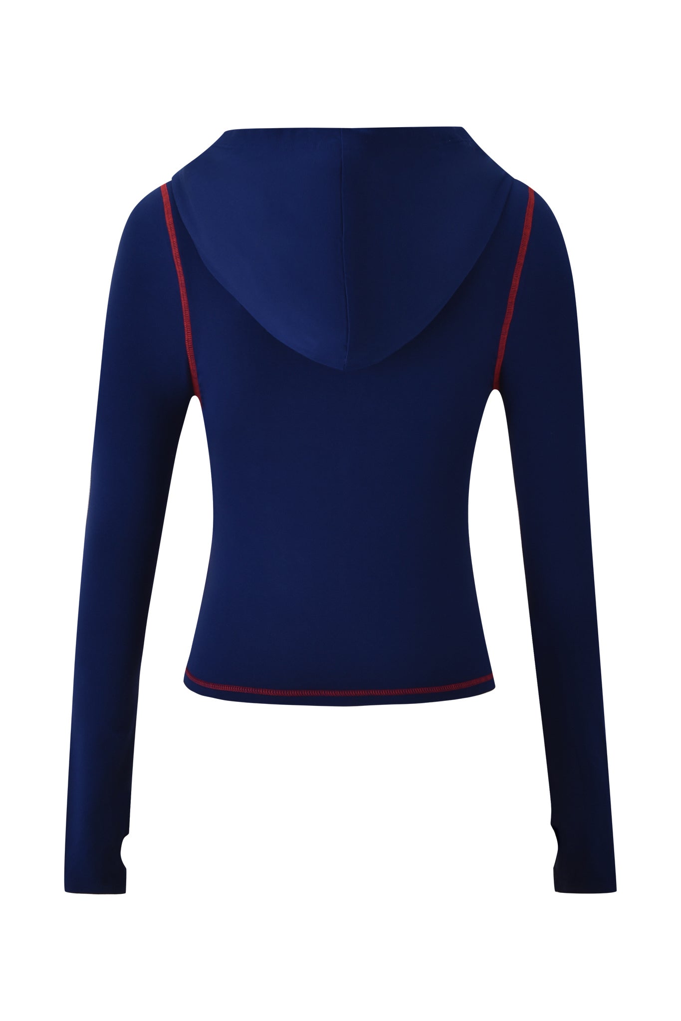 The BLARE SPORT HOODIE AND HEADBAND - NAVY by I.AM.GIA is a sporty navy hoodie with a fitted design, red stitching on the shoulders and hem, and is made from buttery-soft fabric for all-day comfort. Seen from the back.