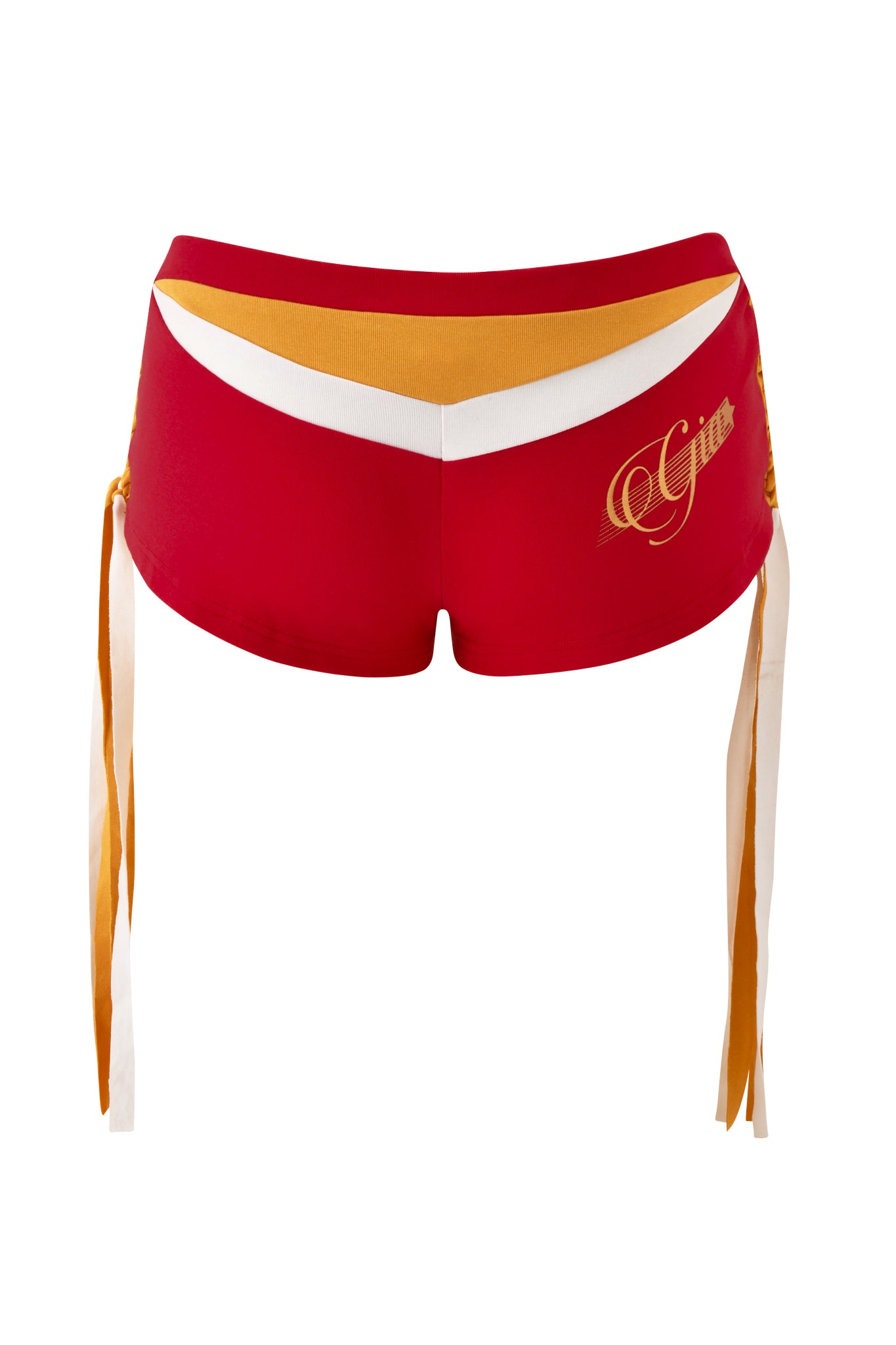 The I.AM.GIA NOVIA MICRO SPORT SHORT in red features stretch cotton, a gold "G" logo, gold and white chevron waistband detailing, and signature ribbon ties—classic I.AM.GIA micro mini shorts style.