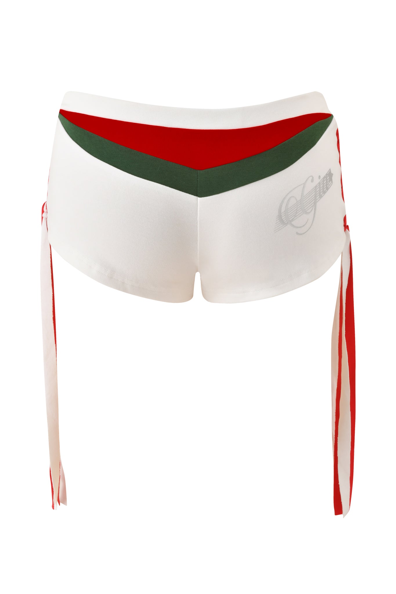 The I.AM.GIA NOVIA MICRO SPORT SHORT in white features stretch cotton, red and green V-shaped back stripes, red-and-white side ties, and a subtle logo on the right—offering a bold, sporty look inspired by signature athletic styles.