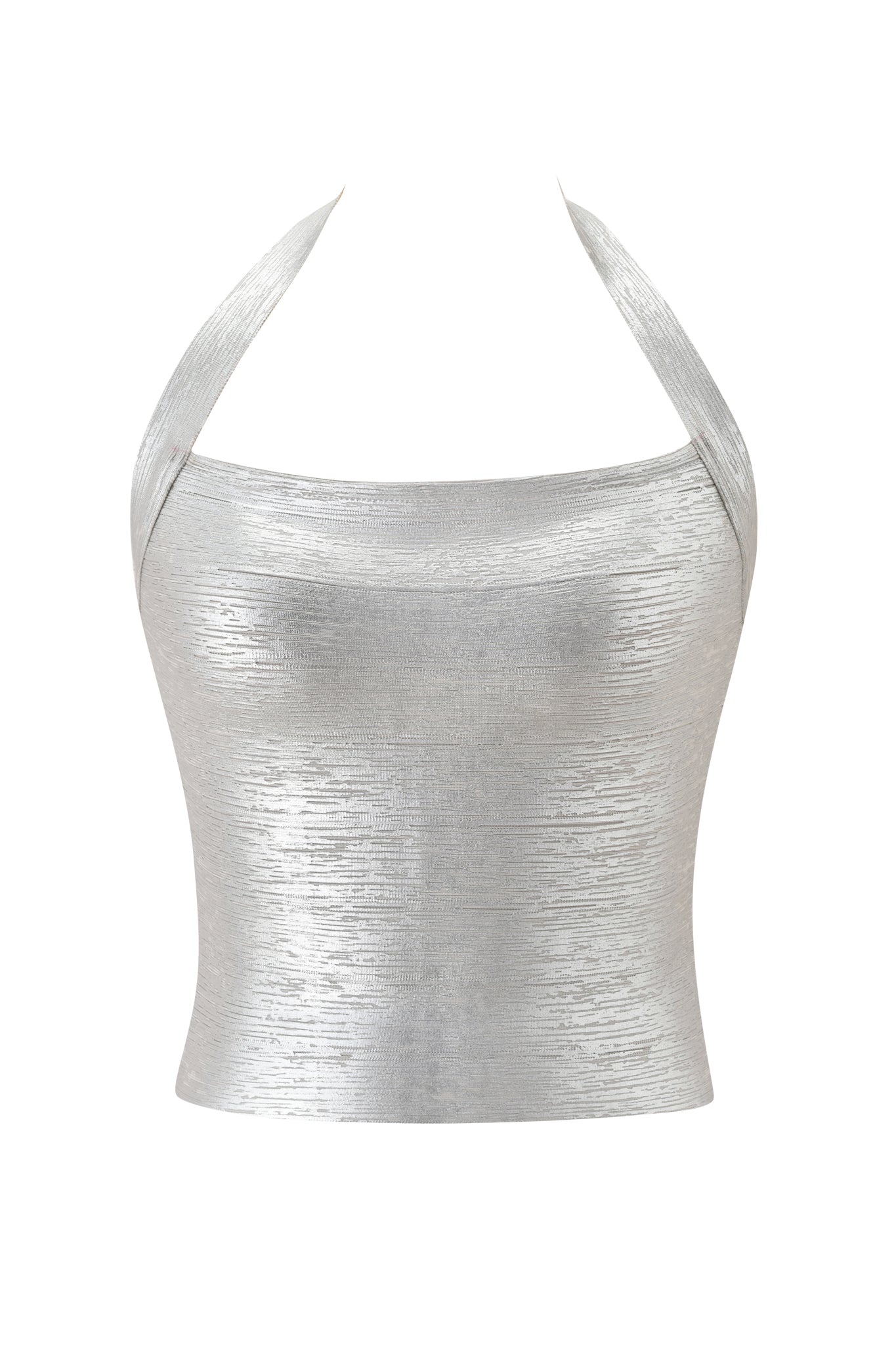 The AIDEN PLATINUM BANDAGE TOP - SILVER by I.AM.GIA features a metallic silver knit, bandage-style bodycon fit, subtle textured finish, and wide straps that tie at the neck for a sleek, modern look.