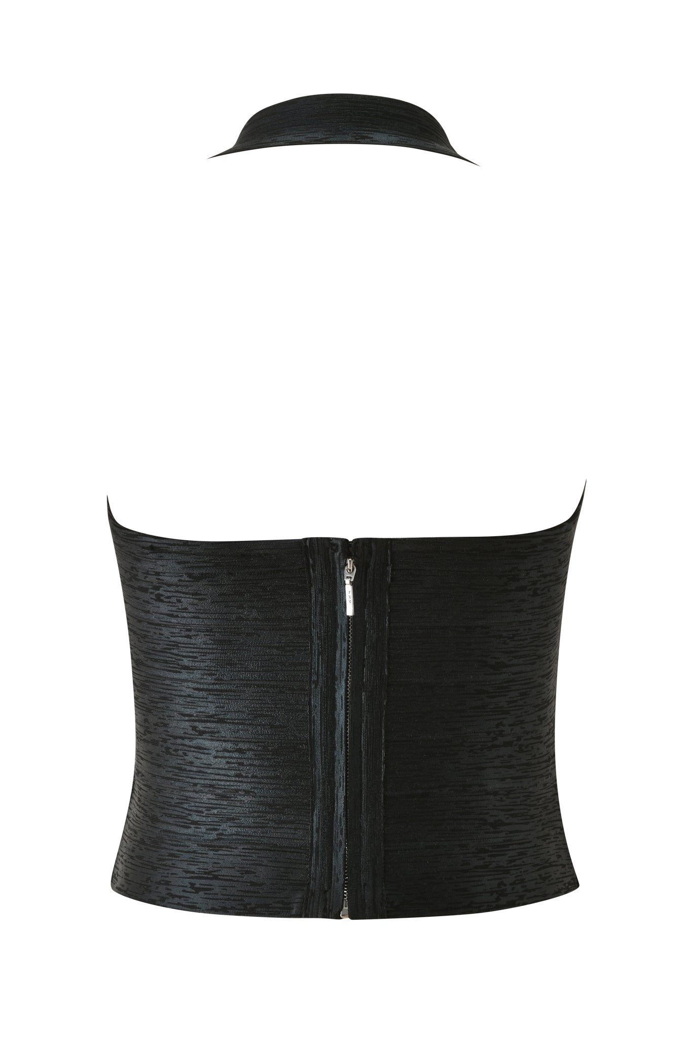 Back view of the I.AM.GIA AIDEN PLATINUM BANDAGE TOP in black—a premium knit, bodycon, sleeveless corset-style design featuring a textured finish, a collar, and a visible central zipper running vertically down the middle.