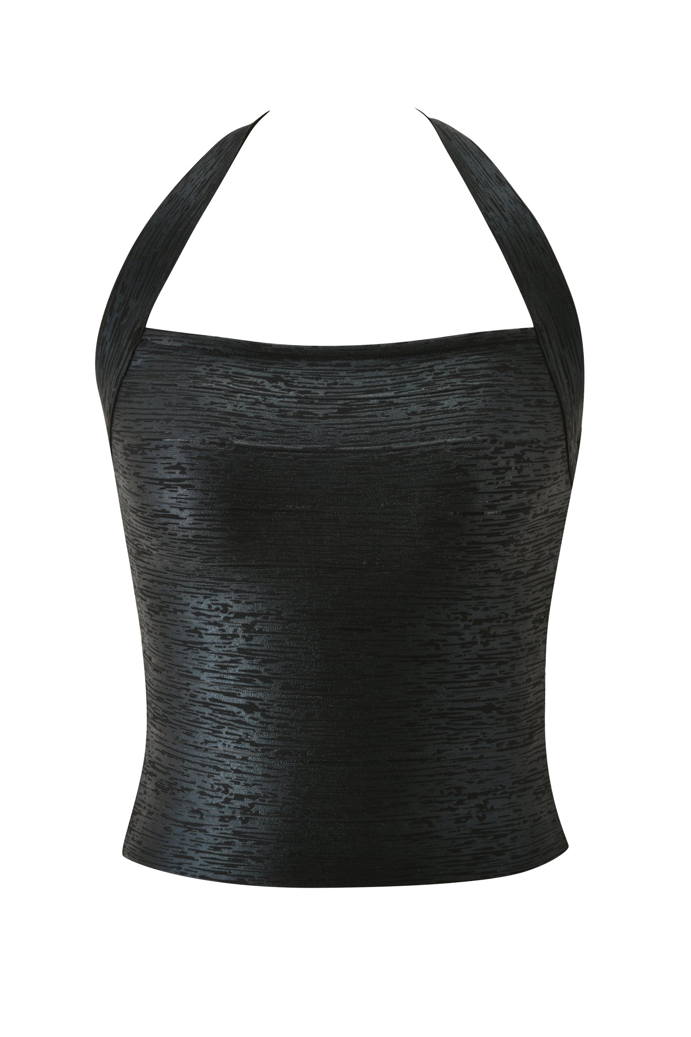The AIDEN PLATINUM BANDAGE TOP in black by I.AM.GIA features a textured premium knit in a bodycon halter silhouette with wide straps and a straight neckline, displayed against a plain white background.