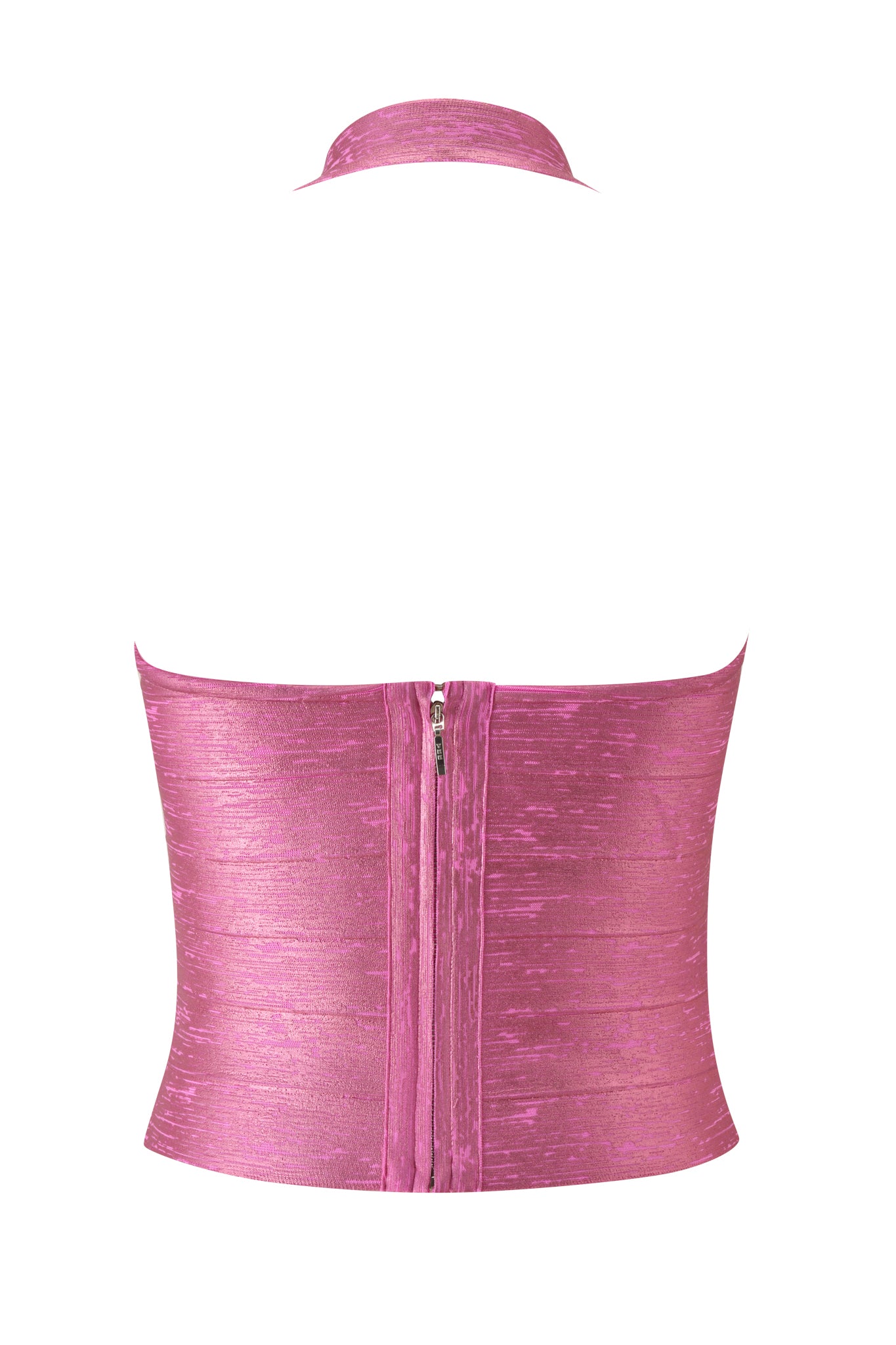 The I.AM.GIA AIDEN PLATINUM BANDAGE TOP in fuchsia is a strapless crop top crafted from premium knit fabric, featuring a textured design, a high neck band, and a visible back zipper closure. It is showcased on a plain white background.