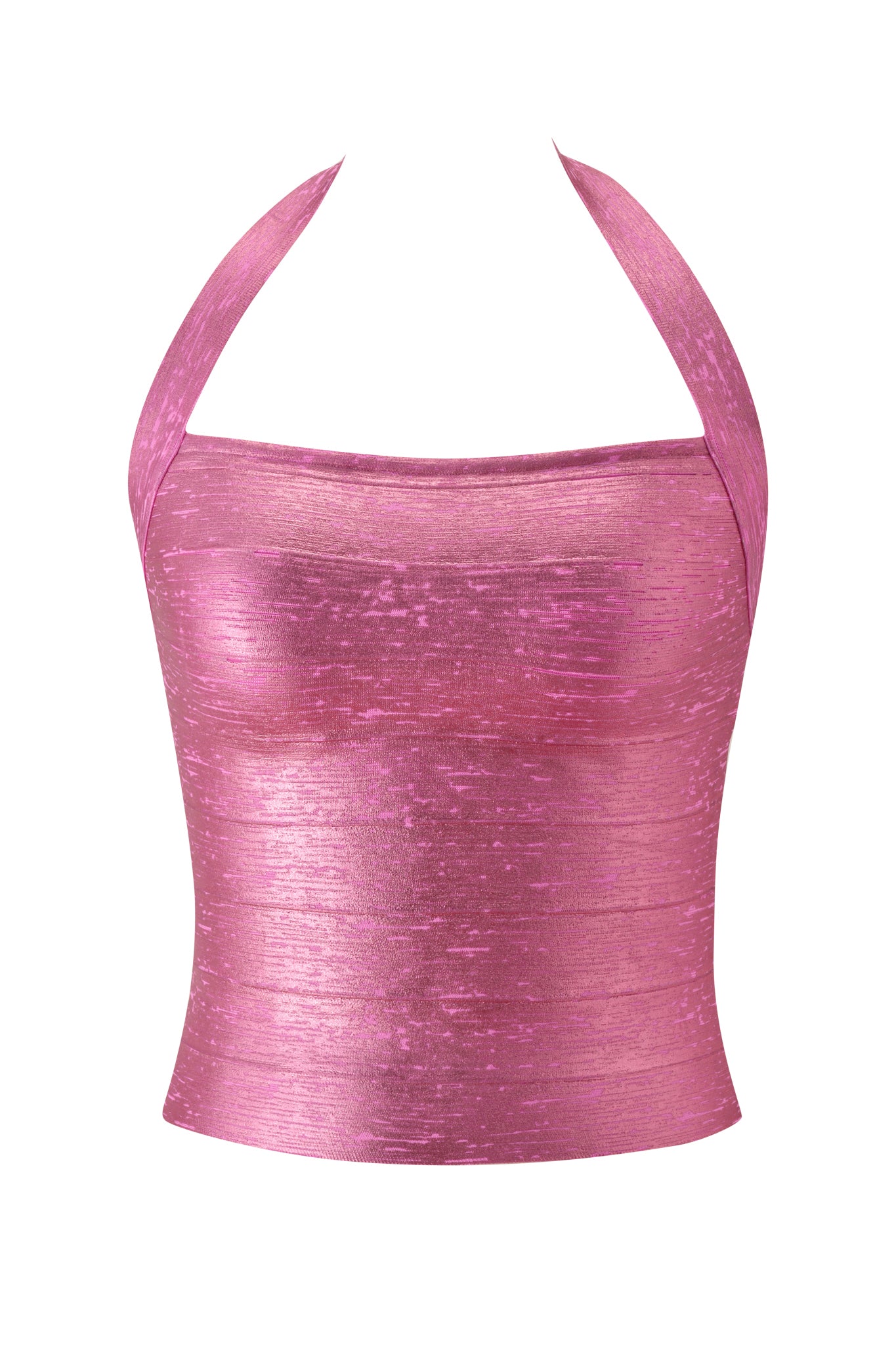 The AIDEN PLATINUM BANDAGE TOP in fuchsia by I.AM.GIA features a shiny pink metallic finish, a halter neckline, and a textured premium knit fabric with a bandage-style bodycon fit, showcased against a plain white background.