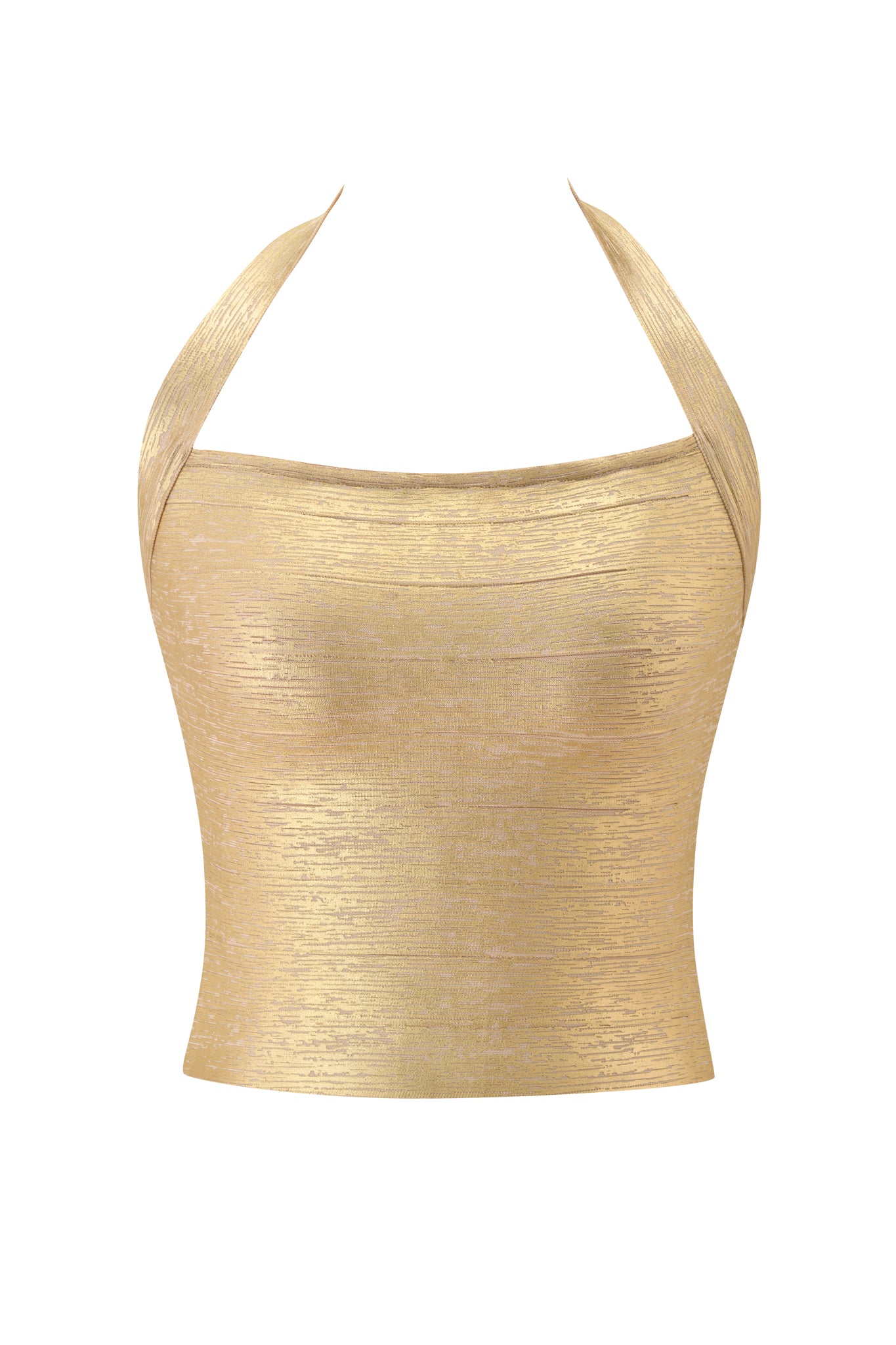 The AIDEN PLATINUM BANDAGE TOP - GOLD by I.AM.GIA is a metallic gold halter top with premium knit fabric, a textured shiny finish, wide straps, fitted bodycon silhouette, and a straight neckline for a chic look.