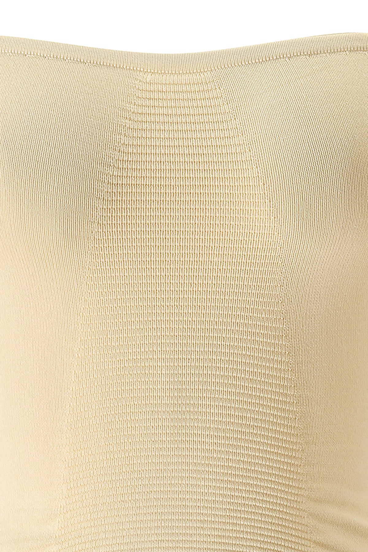 Close-up of the ZENDAYA KNIT TUBE TOP in cream by I.AM.GIA, showcasing its beige ribbed fabric, stretchy texture, and minimalist design.