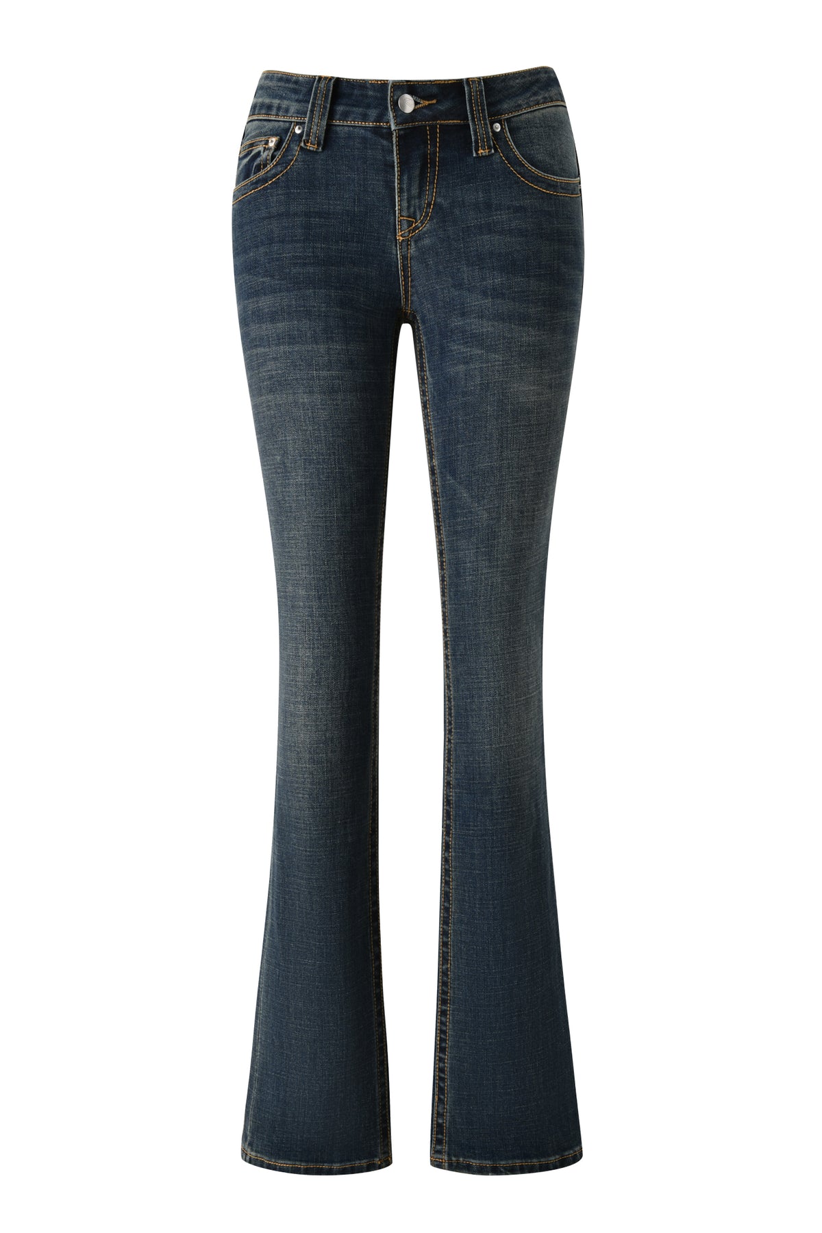 A pair of I.AM.GIA BIANKA JEAN - BLUE low-rise jeans in a dark wash, featuring front pockets, contrast stitching, and subtle thigh fading, photographed against a white background.