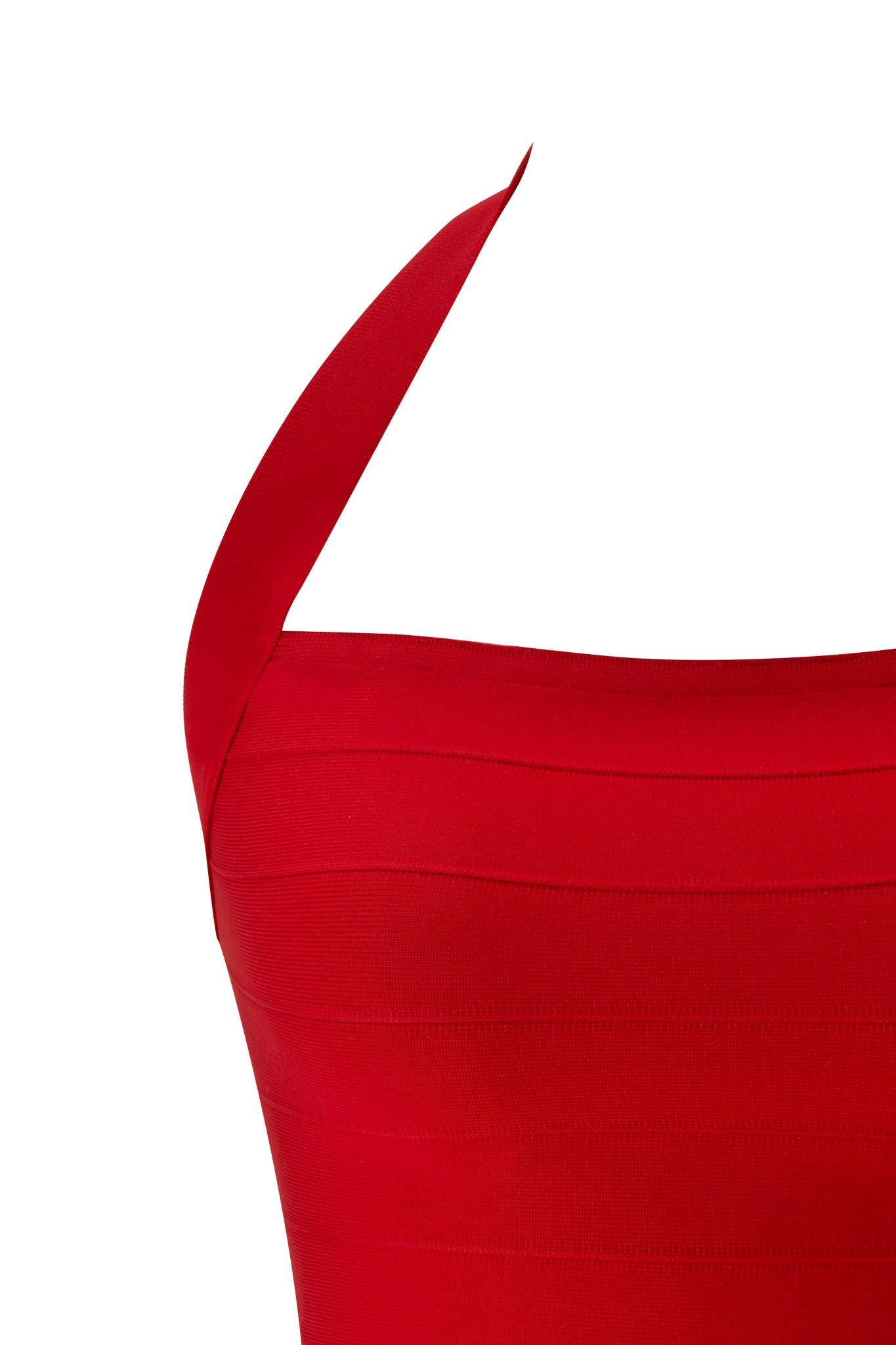 Close-up of the AIDEN BANDAGE TOP in red by I.AM.GIA, featuring premium heavyweight knit, fitted design, and a single wide strap over the left shoulder against a white background.