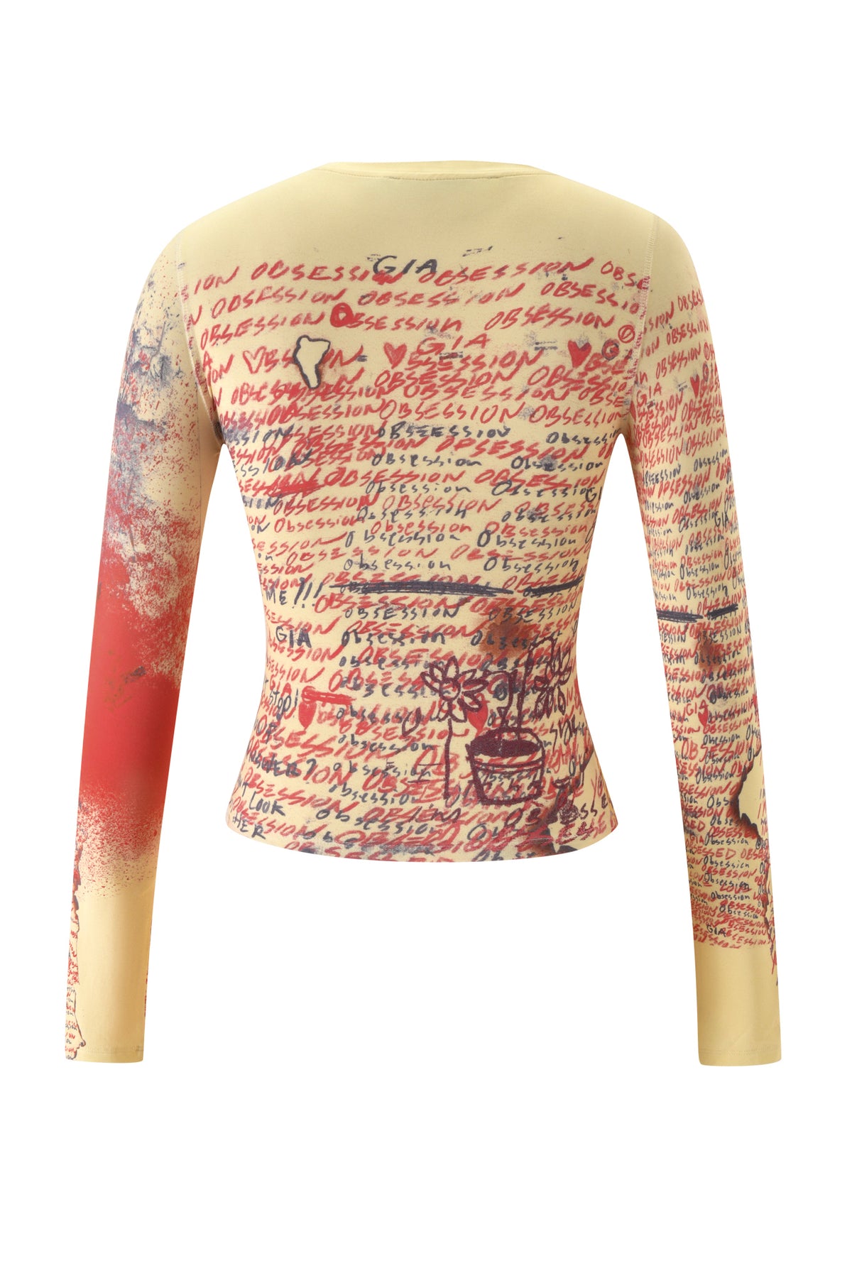 The T-REX BLARE 2.0 LONG SLEEVE TEE by I.AM.GIA is a yellow, fitted long-sleeve top featuring distinctive graphic prints, including handwritten text and sketch designs—signature elements of the brand’s unique style.