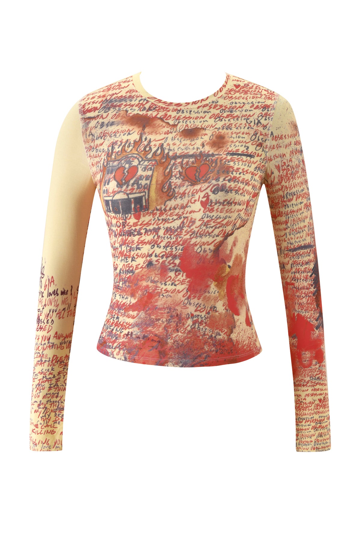 Yellow long-sleeve fitted I.AM.GIA T-REX BLARE 2.0 tee featuring artistic drawings, handwritten text, and red splashes throughout the fabric.