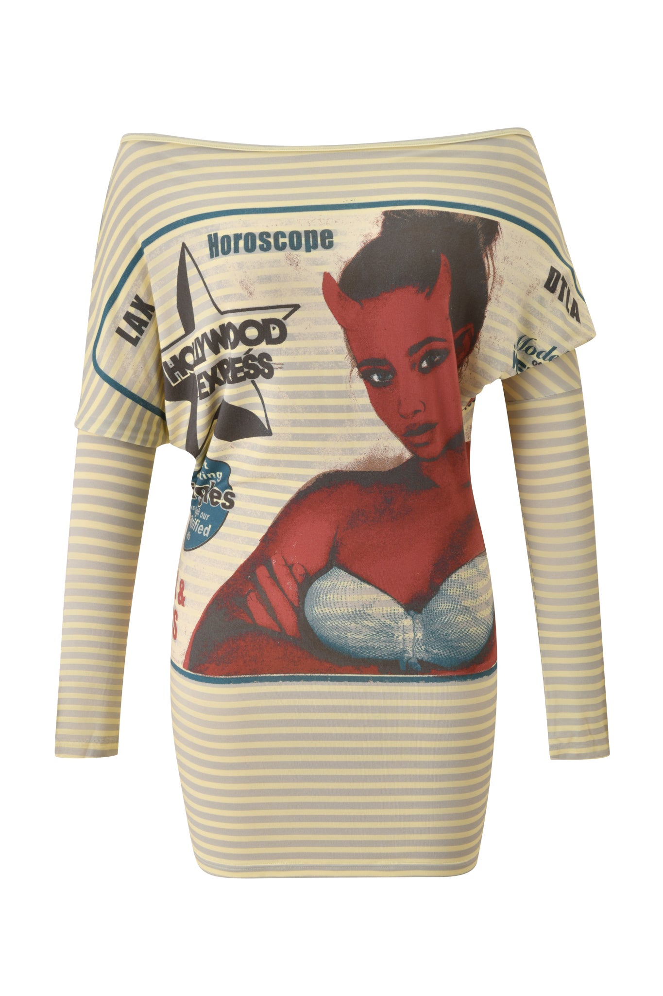The T-REX GISELLE OFF SHOULDER MINI DRESS by I.AM.GIA is a yellow striped mini dress with a batwing, off-shoulder silhouette. It features a vintage-style graphic of a red-skinned devil woman in a silver top, bold I.AM.GIA branding, and newspaper-inspired text and graphics across the front.