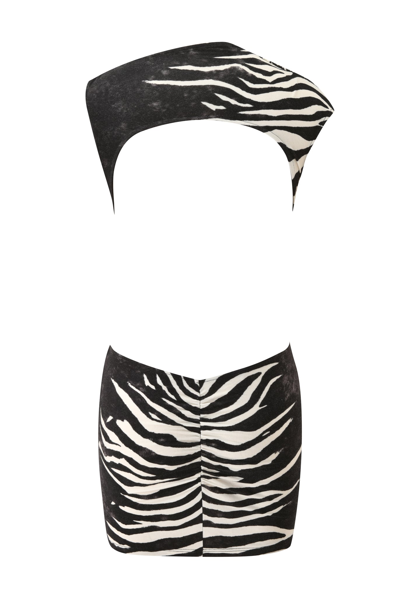 The ELIANA MINI DRESS - BLACK WILD SIDE by I.AM.GIA showcases a bold asymmetrical black and white zebra print design, featuring a one-shoulder silhouette and high-waisted fit, reminiscent of a striking mini dress, displayed on a white background.