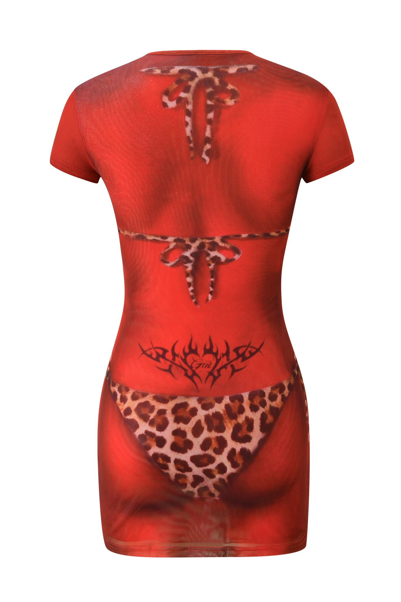 I.AM.GIA's T-REX SPRAY BIKINI MINI DRESS - CHEETAH BIKINI BODY is a red short-sleeve, bodycon dress featuring a printed design that creates the optical illusion of a cheetah print bikini and black tribal tattoo on the back, inspired by airbrush bikini print styles.