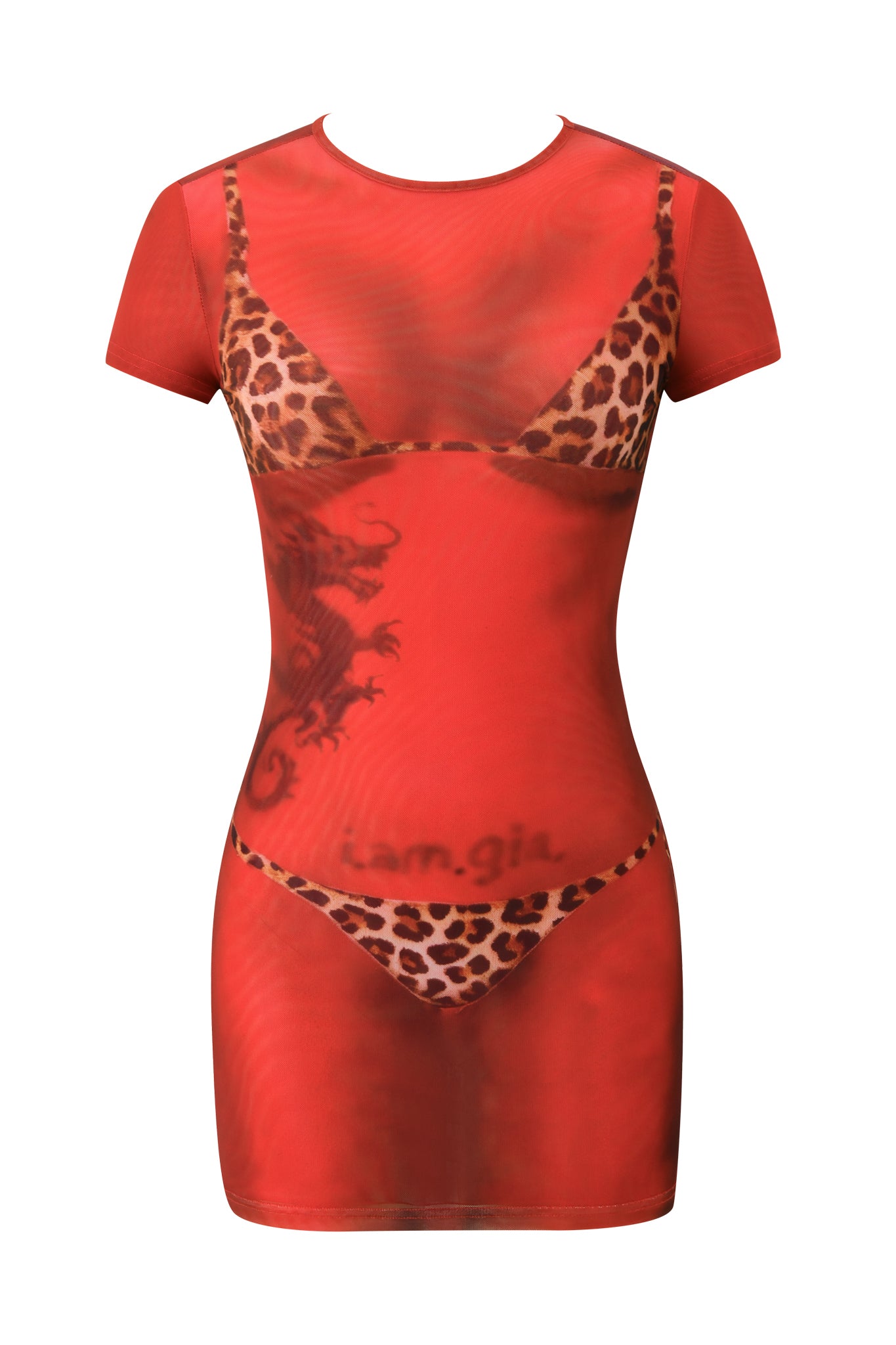 Sure! Here’s a rewritten version of the sentence using the provided product data: A short-sleeve, sheer red mesh T-REX SPRAY BIKINI MINI DRESS by I.AM.GIA, featuring a striking bodycon fit and a cheetah bikini print underneath for an eye-catching, standout look.