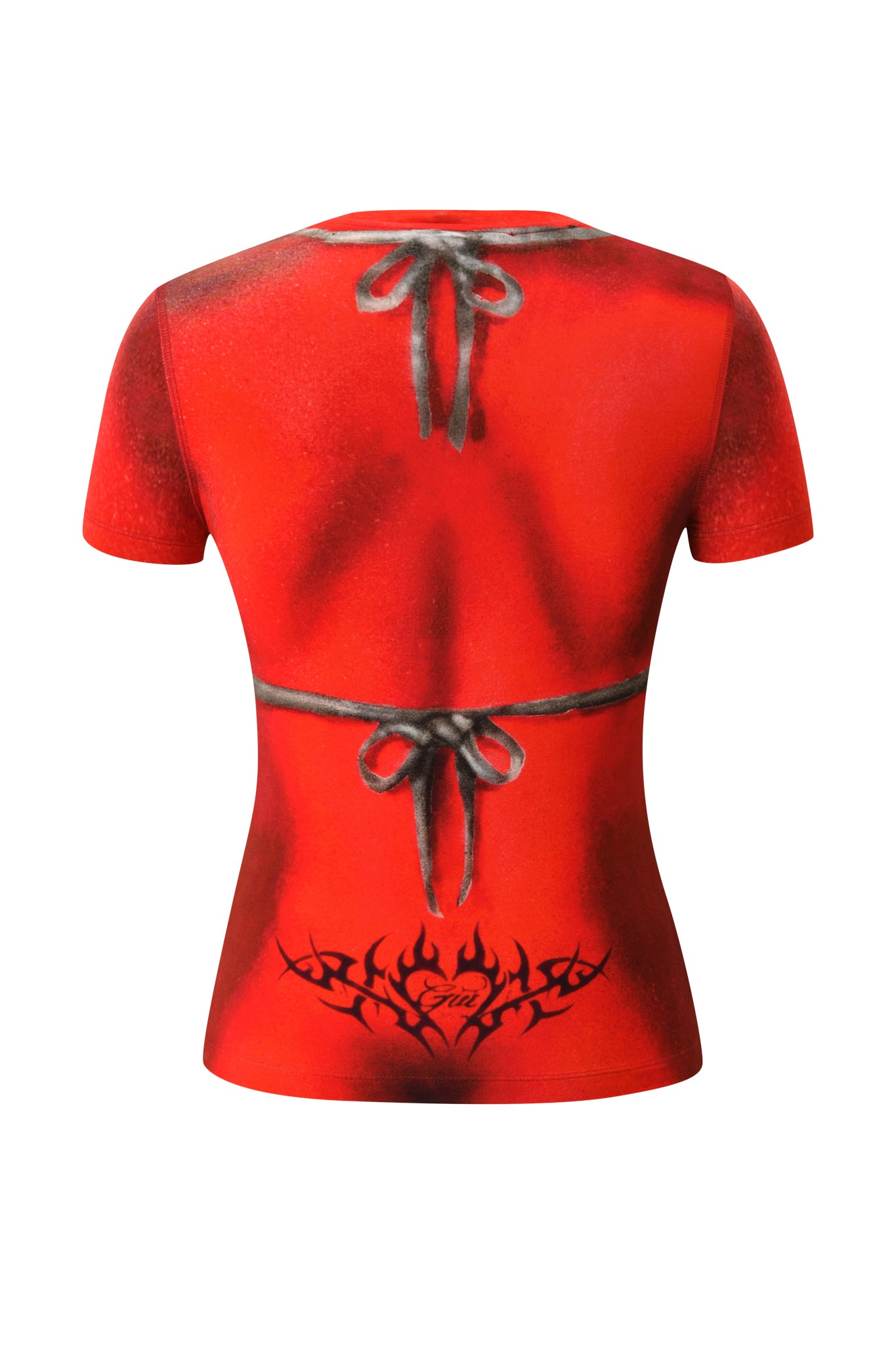 Stand out in any crowd with the I.AM.GIA T-REX SPRAY BIKINI BLARE TEE in red, featuring bold black printed ribbon details on the back and a striking black tribal tattoo pattern near the waist—perfect for a statement-making, Y2K-inspired look.