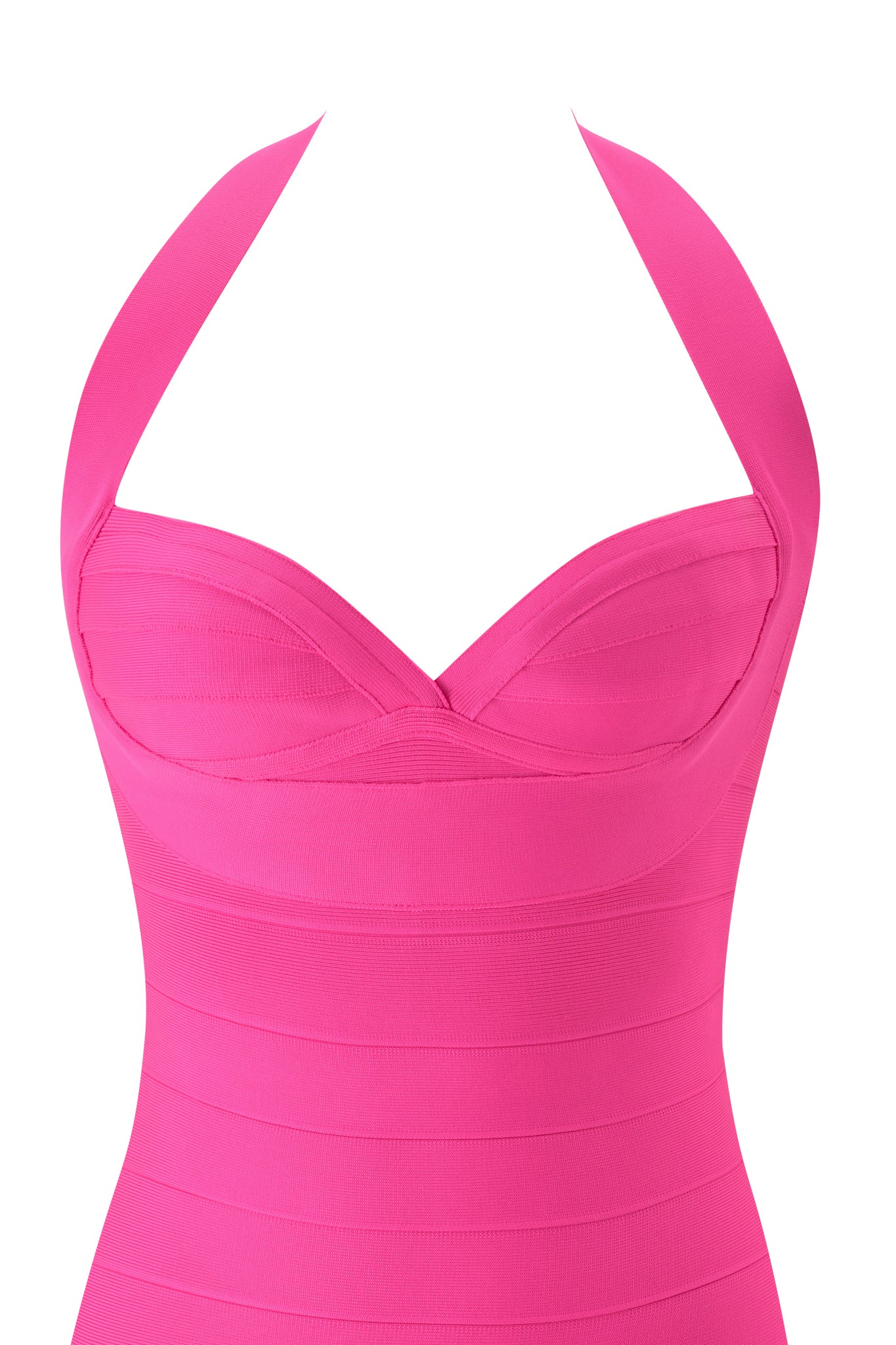 A close-up of the ROSELLA BANDAGE MINI DRESS in neon pink by I.AM.GIA showcases its bandage-style horizontal panels and flattering sweetheart neckline, creating a striking and modern halter-neck silhouette.
