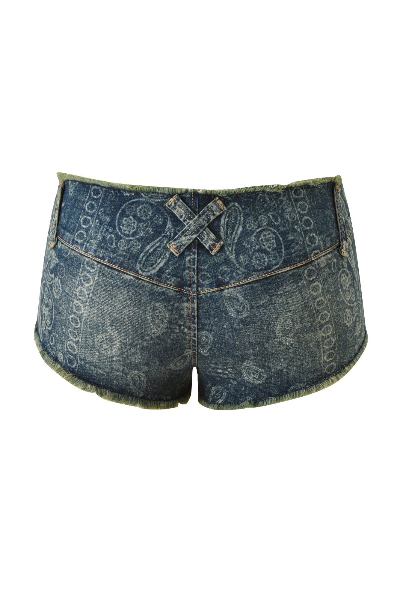 The I.AM.GIA T-REX VEXA MICRO SHORT in blue bandana features an ultra low-rise fit, subtle blue bandana print, back pockets with a small crisscross detail above them, and frayed edges, displayed against a white background.