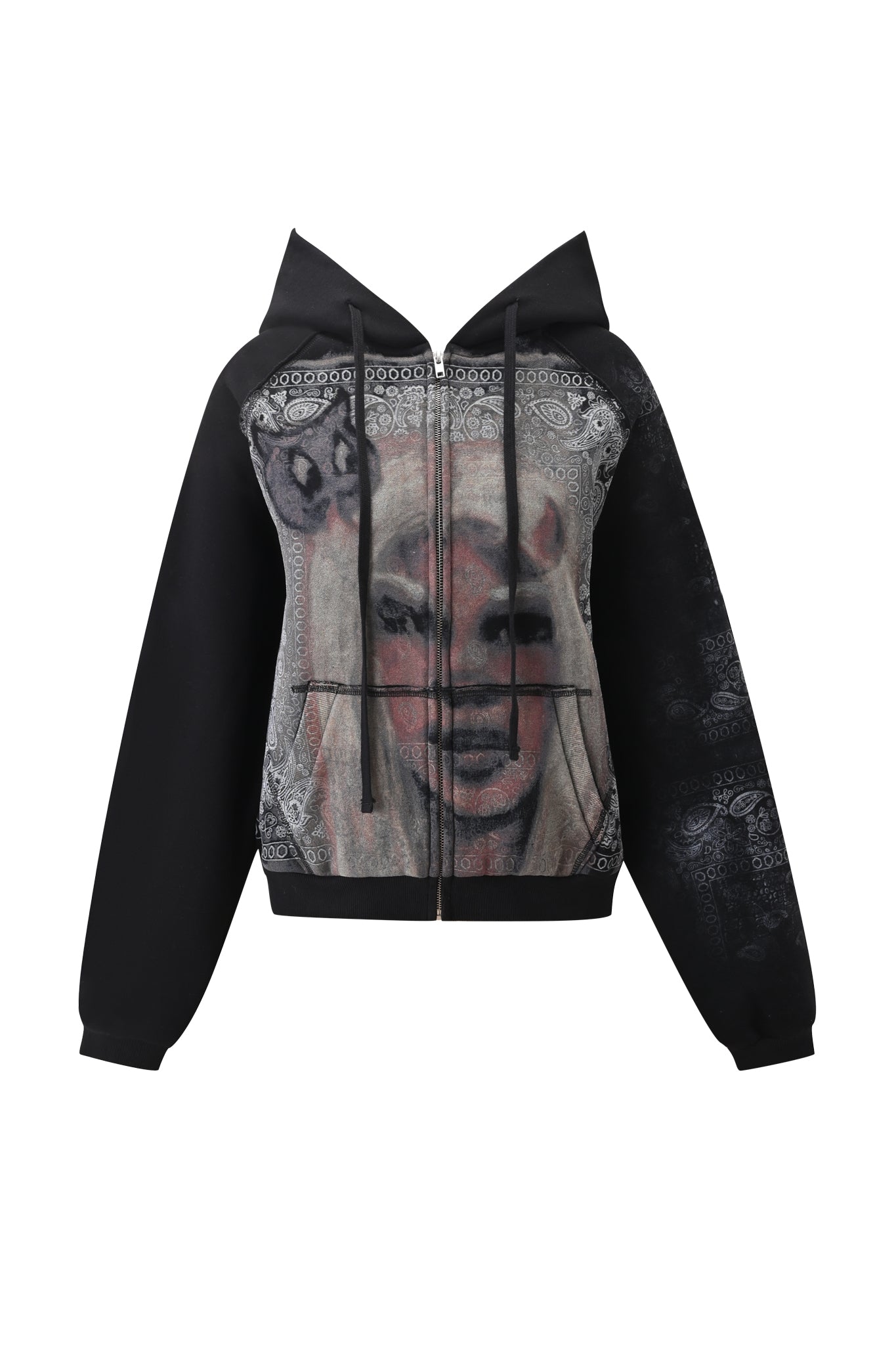 The T-REX ZIP THRU HOODIE - BLACK BANDANA by I.AM.GIA is a zip-up hoodie styled in striking bandana print, featuring a bold, oversized graphic of a face with raised arm and ears on the front. Finished with black drawstrings and a hood, this street-style piece delivers an effortlessly bold look.