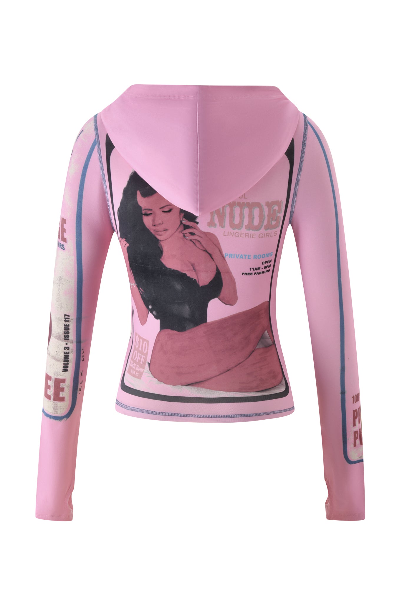 The I.AM.GIA T-REX BLARE HOODIE in pink features long sleeves and a vintage-inspired graphic print on the back, showcasing a woman, bold text, and retro advertisement elements in shades of pink, black, and beige.