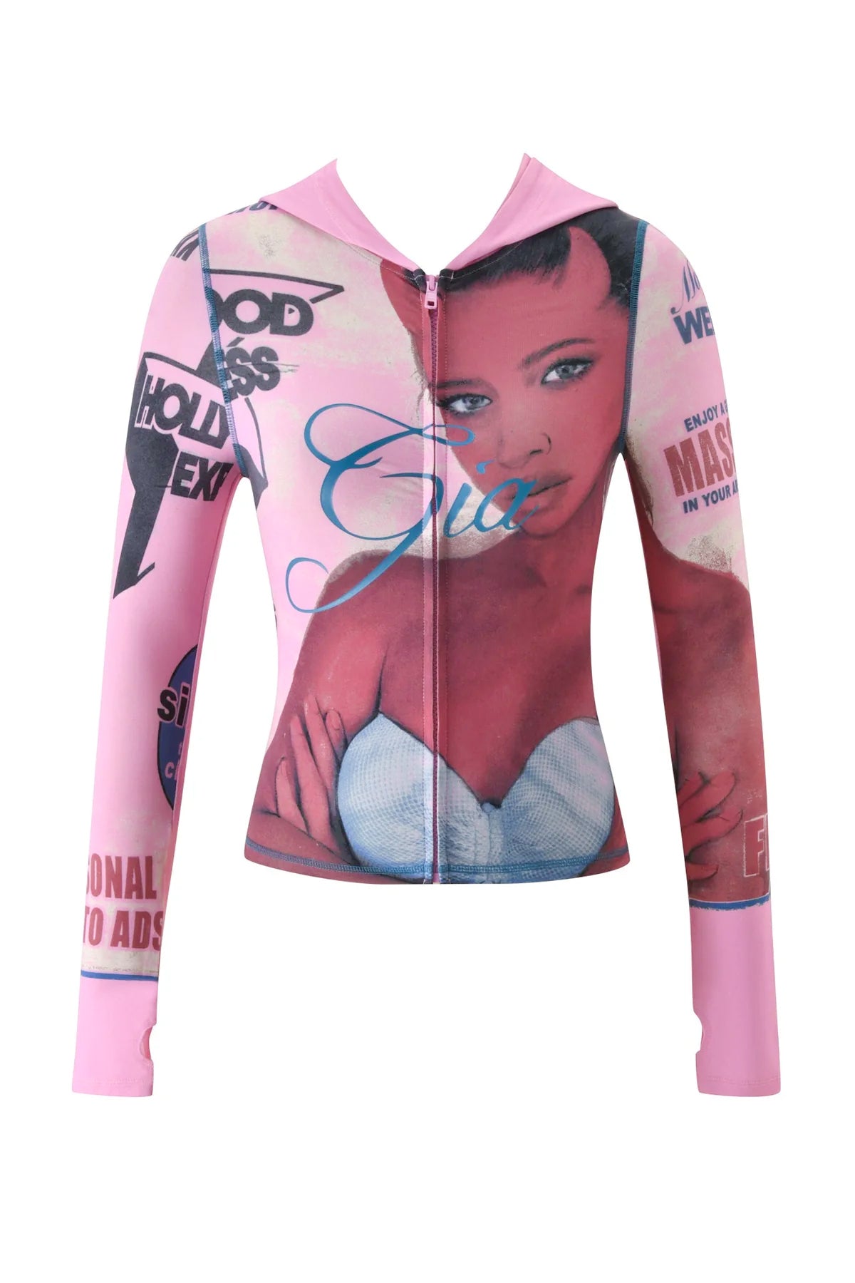 The T-REX BLARE HOODIE in pink from I.AM.GIA features a large graphic of a woman's face and upper body, accented with various magazine-style text and images printed in blue, black, and red across the fabric.