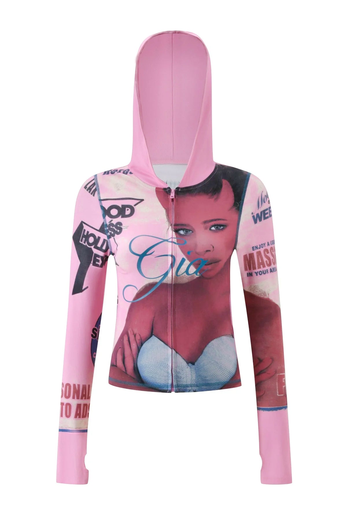 The T-REX BLARE HOODIE - PINK by I.AM.GIA is a baby pink zip-up jacket adorned with magazine-style collage graphics and a striking image of a woman in a strapless top, accented by bold blue and white text and patterns—an unmistakable I.AM.GIA statement piece.