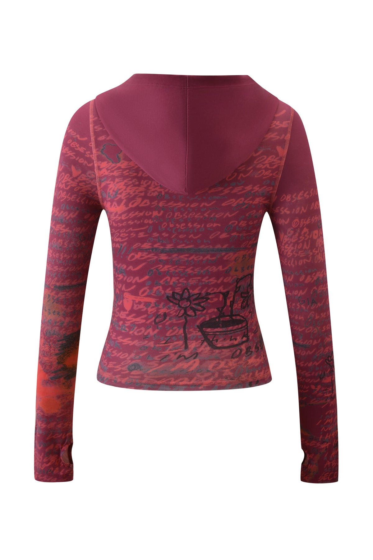 The T-REX BLARE HOODIE - RED by I.AM.GIA is a fitted, slightly sheer long-sleeve top inspired by the classic Blare Hoodie. Seen from the back, it features handwritten text and doodle patterns in darker shades. The lightweight material offers a feel similar to that of a bamboo hoodie.