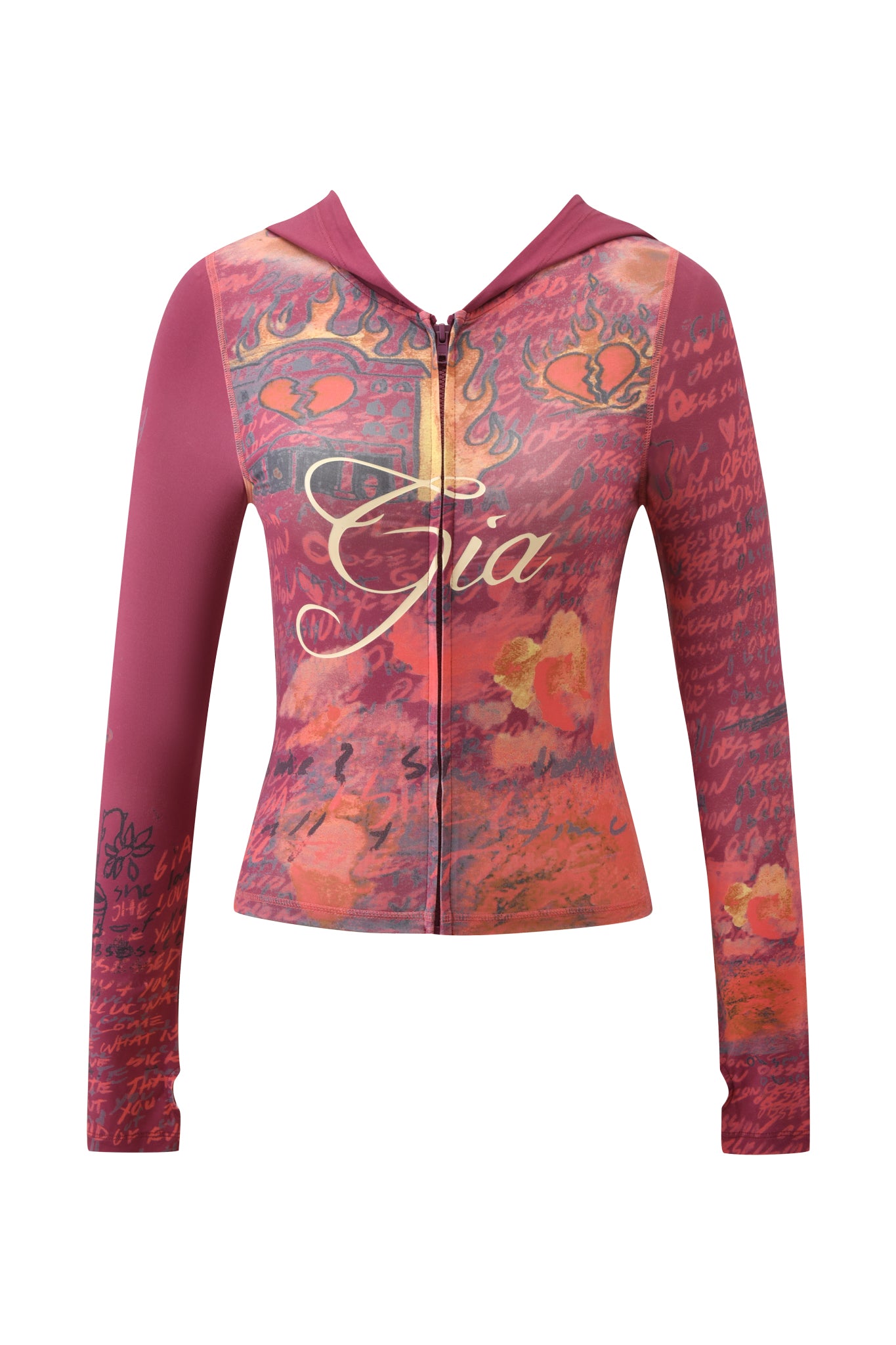 The I.AM.GIA T-REX BLARE HOODIE - RED is a fitted, long-sleeve zip-up hoodie with a hood, showcasing a striking red and orange patterned design, "Gia" written in script across the chest, and small flame graphics around the shoulders.