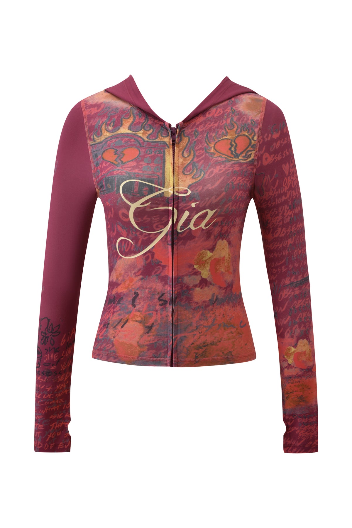A bold addition to your bamboo hoodie collection, the T-REX BLARE HOODIE - RED from I.AM.GIA features a maroon and orange zip-up design with long sleeves, abstract flame graphics, handwritten text, and "Gia" in script across the front.