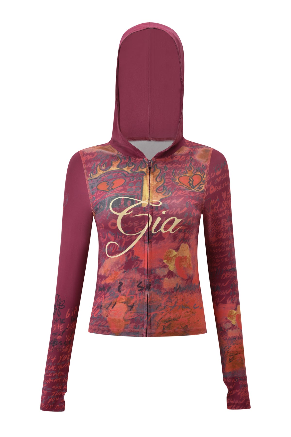 The I.AM.GIA T-REX Blare Hoodie in red is a long-sleeve hoodie with a zip front, featuring an abstract, colorful artistic design and "Gia" written across the chest in script.