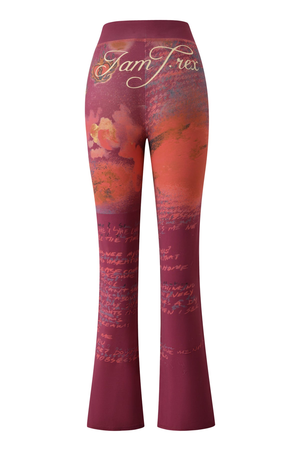 The I.AM.GIA T-REX BLARE TRACKPANT - RED is a bold, high-waisted flared trackpant, featuring abstract floral patterns in red and pink, handwritten accents, and the striking "Jam Frex" script across the waistband—making it a true statement piece.