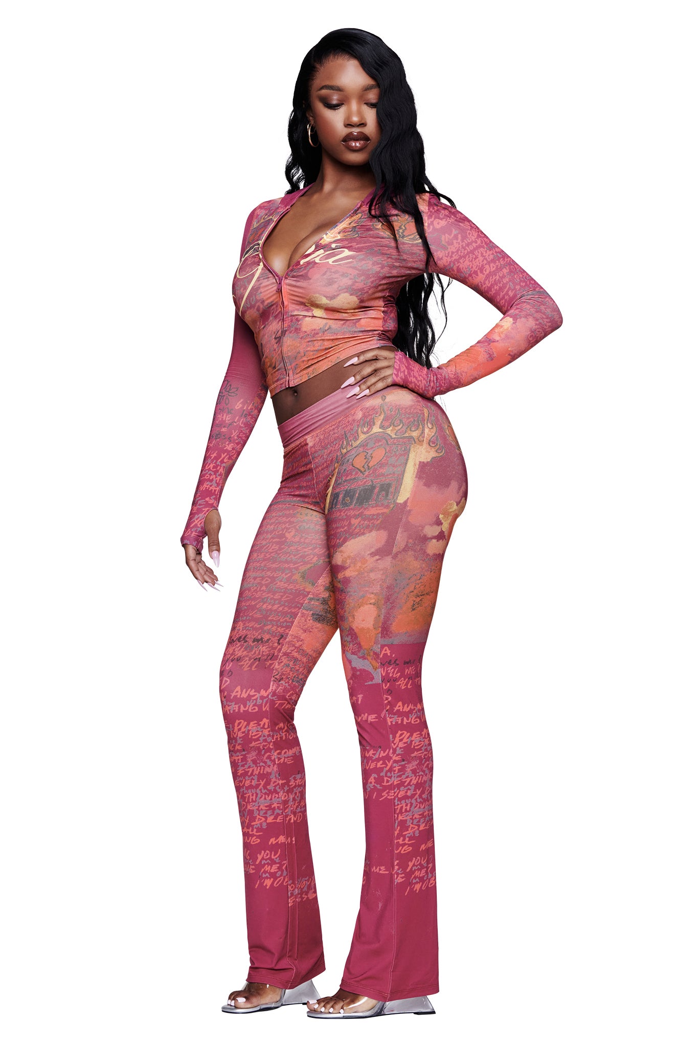 Woman in a fitted, red T-REX BLARE HOODIE from I.AM.GIA, standing sideways and looking down against a white background.