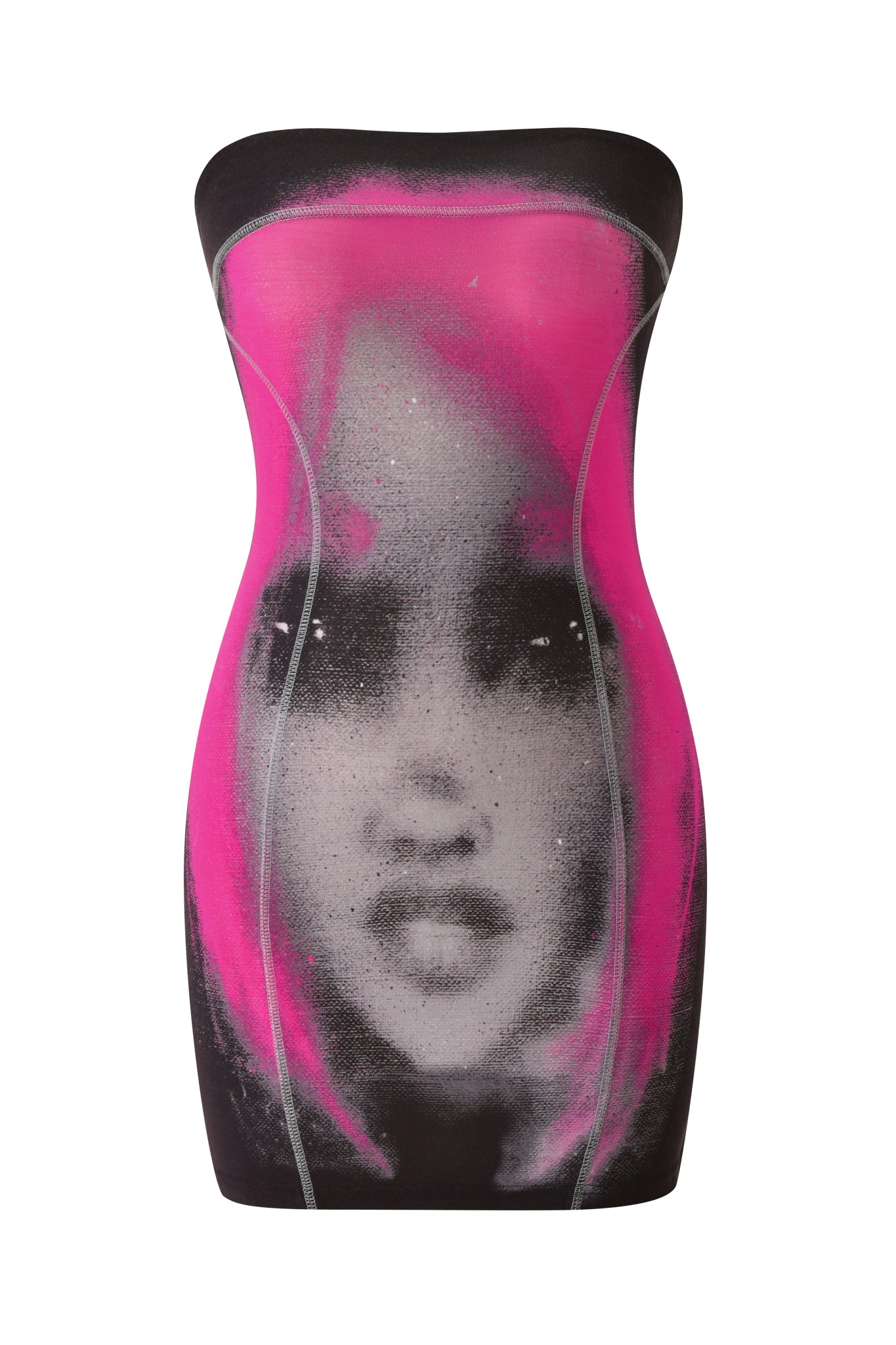 The I.AM.GIA T-REX BLARE BOOB TUBE MINI DRESS in black is a bold, bodycon mini dress crafted from a deep black fabric. It features a striking spray-painted graphic of a woman’s face with vibrant pink hair, creating an edgy look that’s perfect for making a statement at any event.