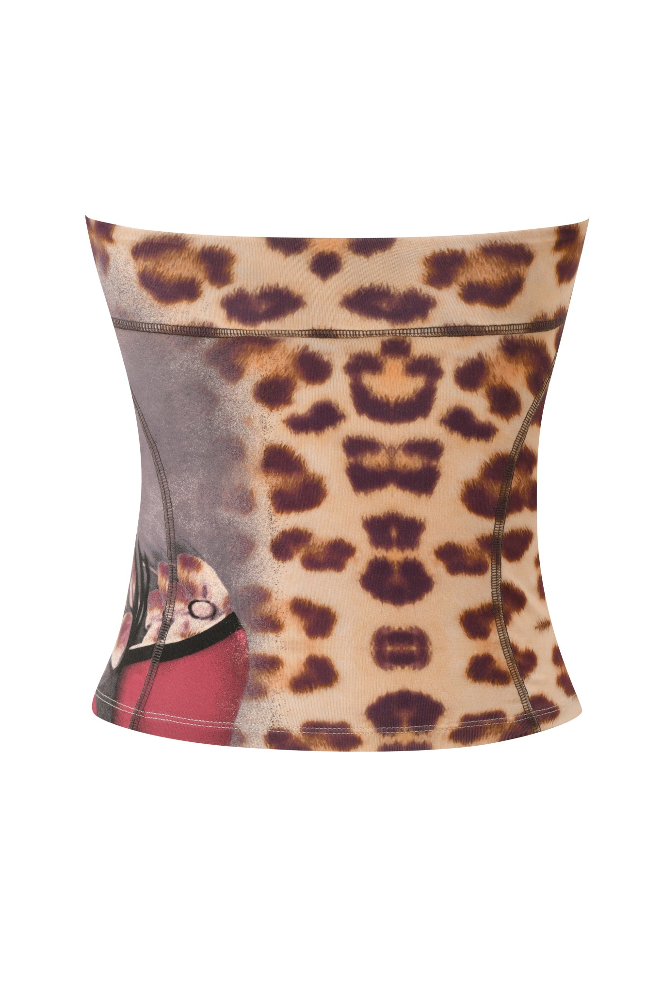 The I.AM.GIA T-REX BLARE BOOB TUBE - WILD CARD is a strapless, form-fitting crop top showcasing a striking cheetah print accented with partial red and black detailing on one side. Perfect for festivals, this bold boob tube delivers modern edge and statement style in true I.AM.GIA fashion.