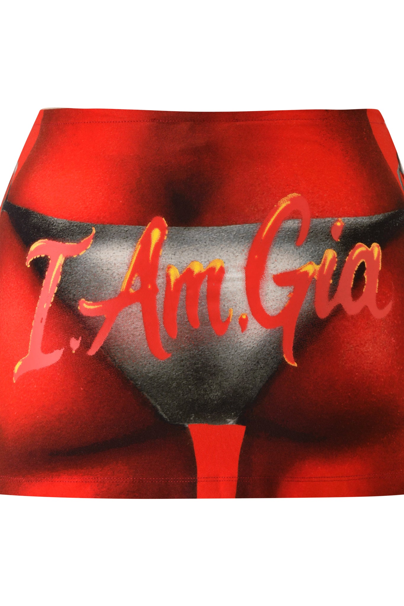 Introducing the I.AM.GIA T-REX BLARE MINI SKIRT in red, featuring an artistic airbrush bikini print and bold "I.Am.Gia" text across the front—an eye-catching festival skirt designed to make a statement.