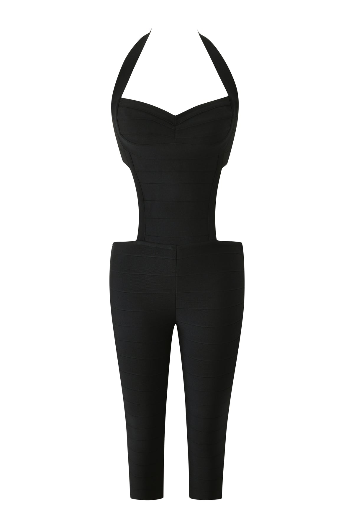 The EVA BANDAGE CAPRI JUMPSUIT in black by I.AM.GIA features a form-fitting bodycon silhouette with a halter neckline, sweetheart cut, cinched waist, and cropped tapered legs. Shown on an invisible mannequin to highlight the garment’s design.