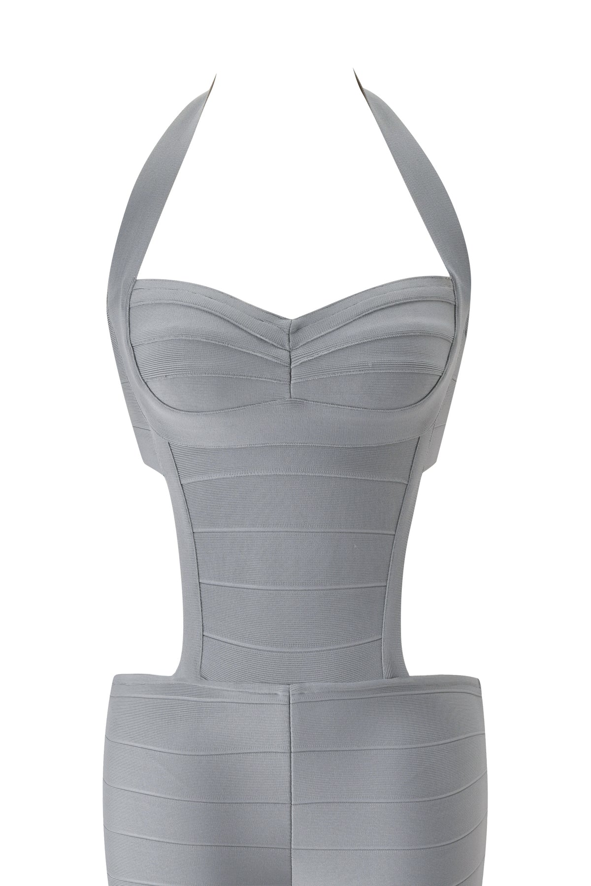 A strapless, light gray, form-fitting bandage top with structured lines and a sweetheart neckline—echoing the sleek silhouette of the I.AM.GIA EVA BANDAGE CAPRI JUMPSUIT in grey—is displayed against a white background.
