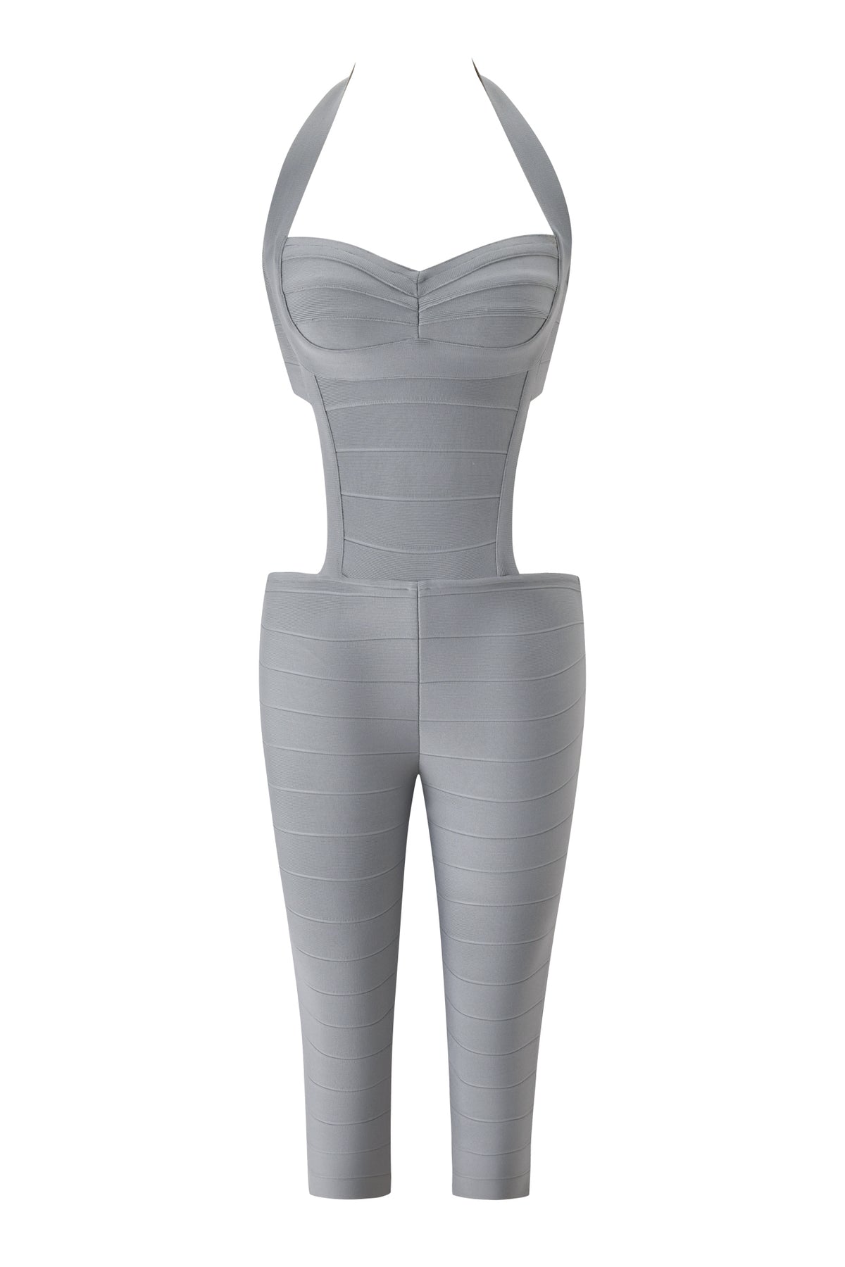EVA BANDAGE CAPRI JUMPSUIT - GREY by I.AM.GIA: A grey halter-neck catsuit featuring a fitted, bandage-style design with a sweetheart neckline and open side details at the waist. This bodycon jumpsuit has cropped capri-length pants finishing just above the ankles. No visible background.
