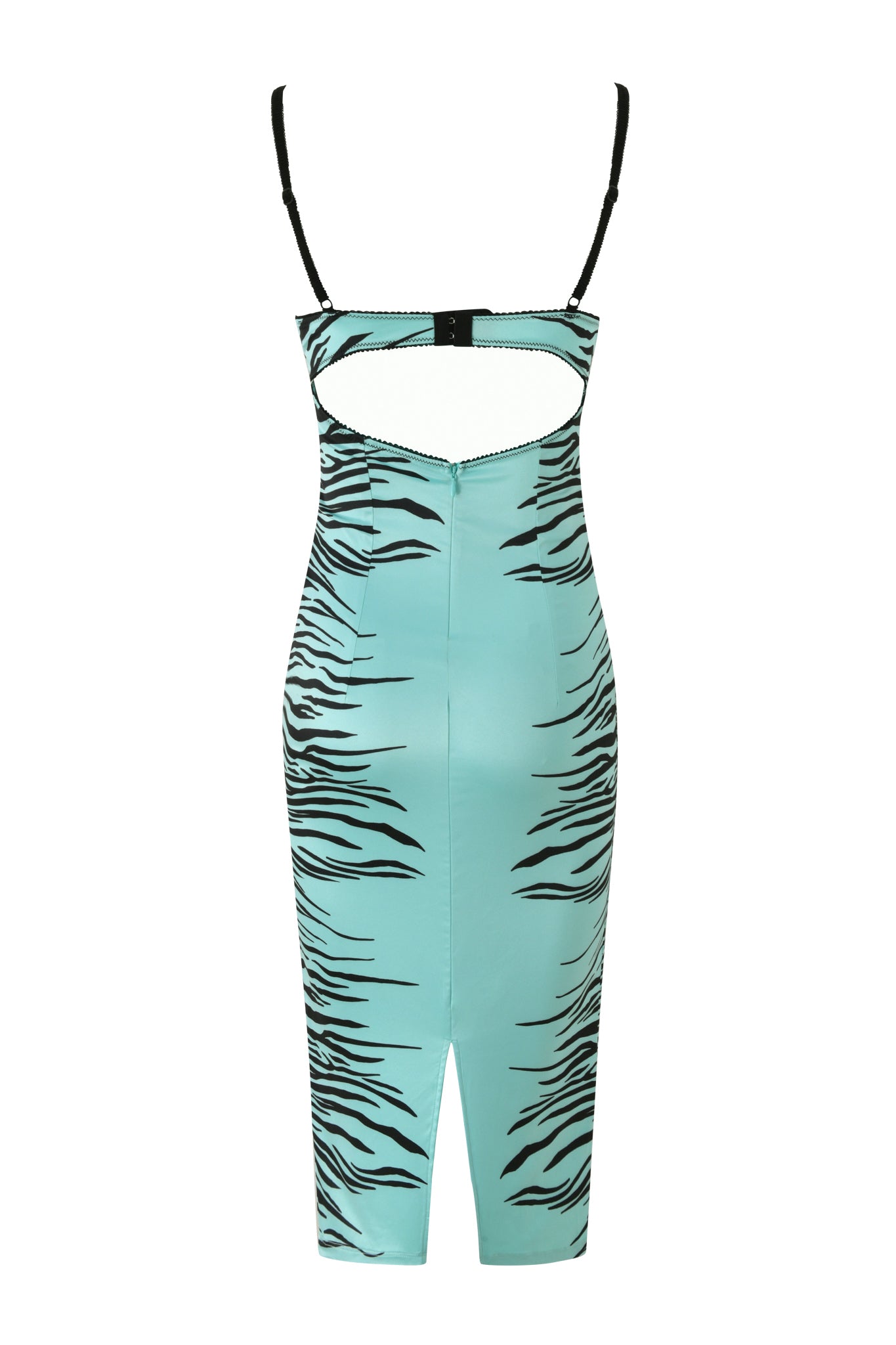 The CASSY MIDI DRESS - AQUA FINE LINE ZEBRA by I.AM.GIA is a sleeveless turquoise (aqua) bodycon night-out dress featuring striking black fine line zebra stripes, thin black straps, a bust cutout inspired by bustier satin midi dresses, and a front slit at the hem.