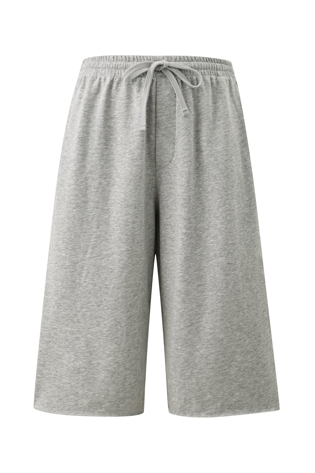 The I.AM.GIA BEX TERRY SHORT in grey features a light gray marle jersey fabric with an elasticated waistband and drawstring, shown against a white background. These relaxed fit shorts have no visible pockets or logos.