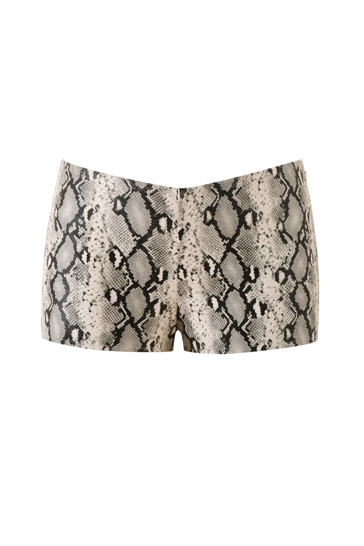 The ALLEGRA HOT SHORT - CREAM SNAKE by I.AM.GIA features a high-waisted, faux leather mini short design with a chic cream and black snakeskin pattern, shown against a white background—ideal for elevating your next night-out look.